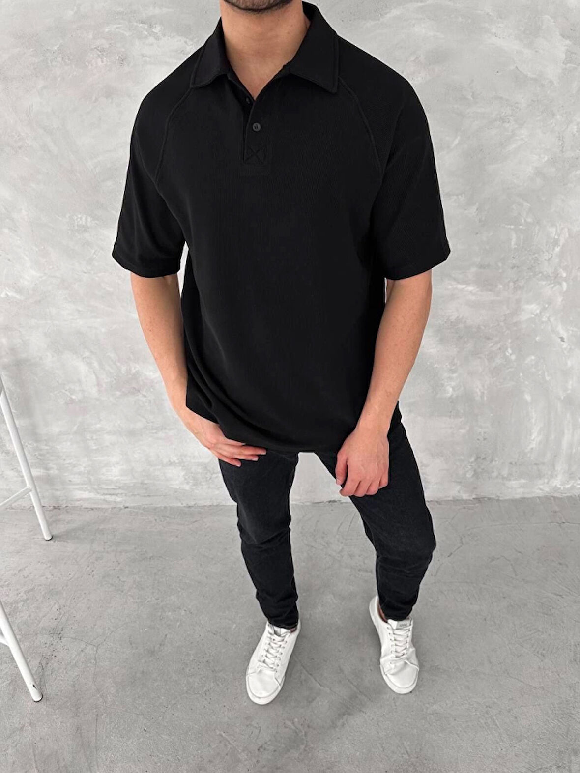 Yakalı Patlı Kısa Kol T-shirt - Siyah