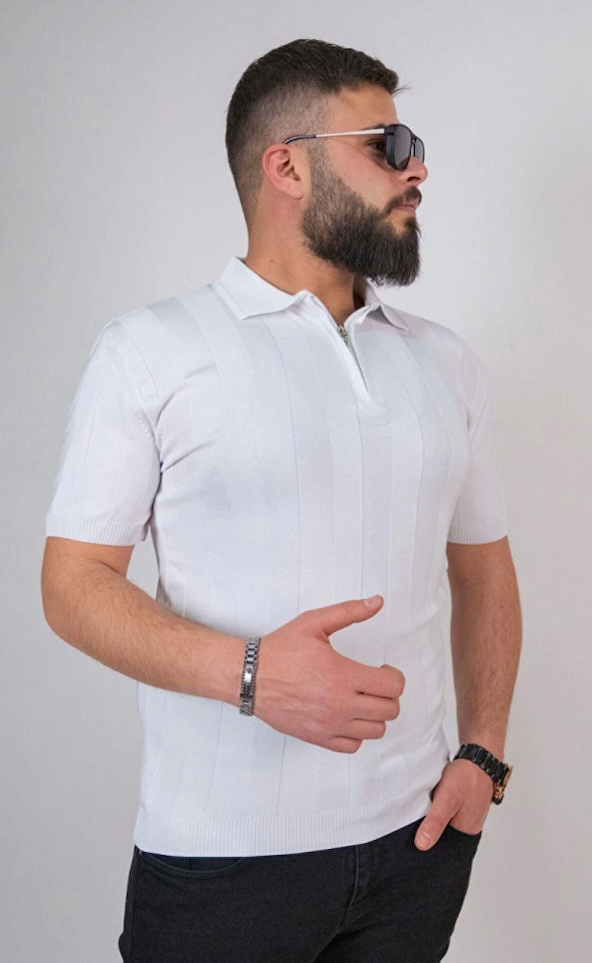 Triko Dokuma Yarım Fermuarlı Yakalı T-shirt - Beyaz