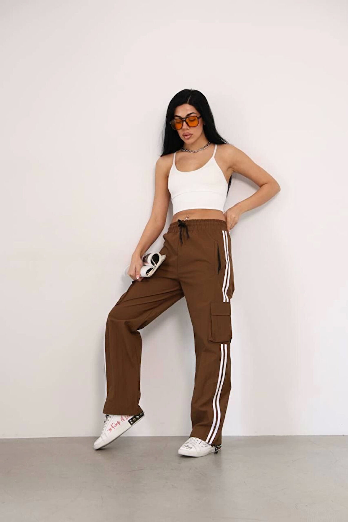 Praşut Kumaş Kargo Çeplı Baggy Esofman - Kahve