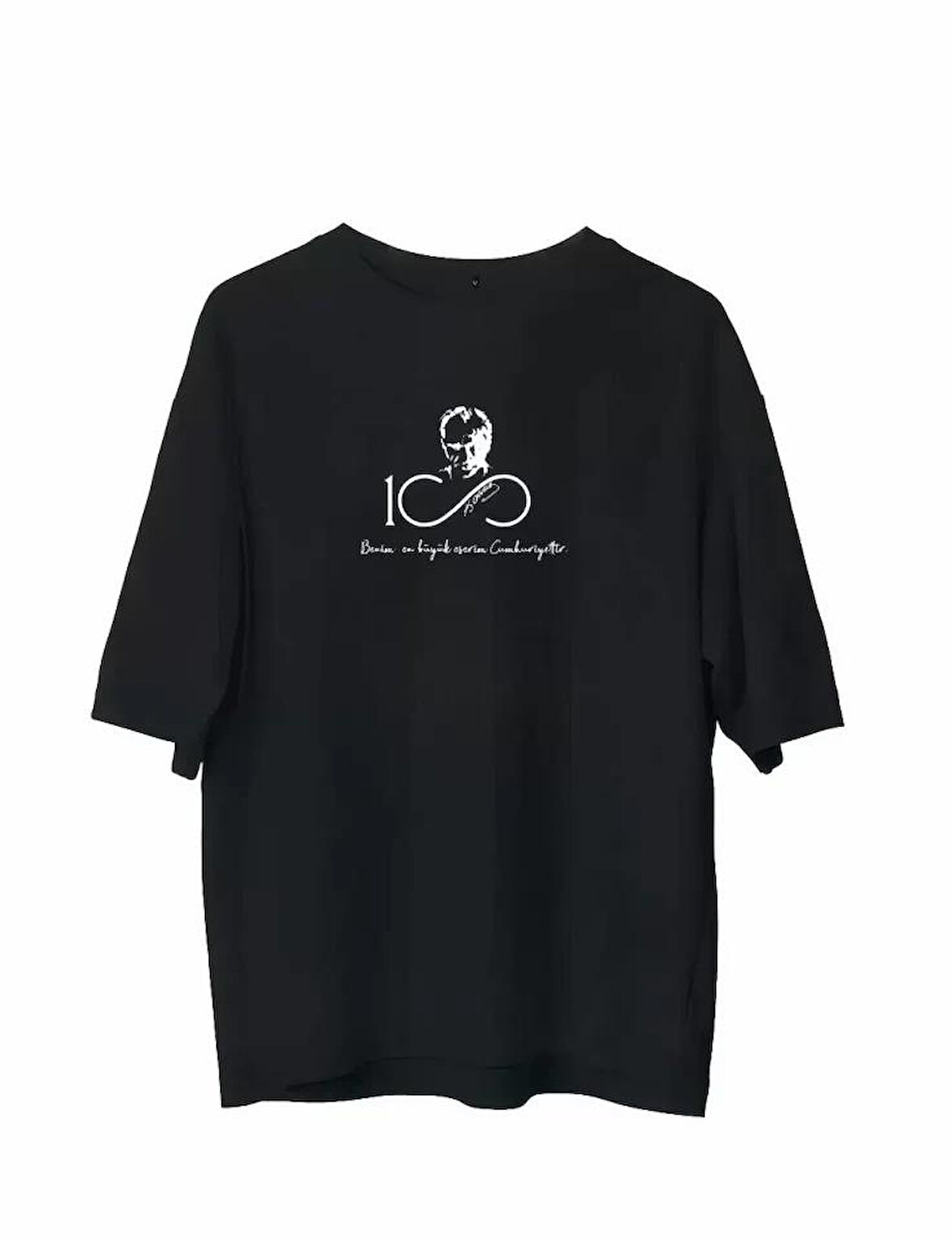 Unisex Bisiklet Yaka Baskılı Oversize T-Shirt - Siyah