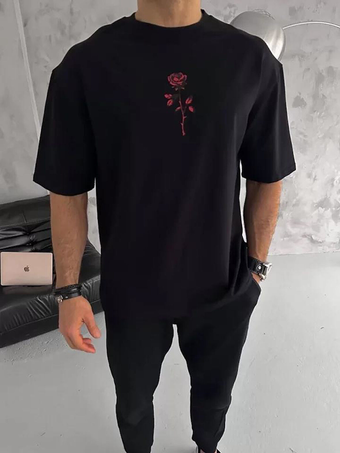 Unisex Bisiklet Yaka Baskılı Oversize T-Shirt - Siyah