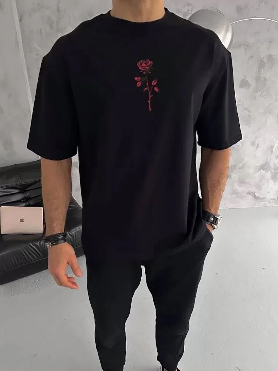 Unisex Bisiklet Yaka Baskılı Oversize T-Shirt - Siyah