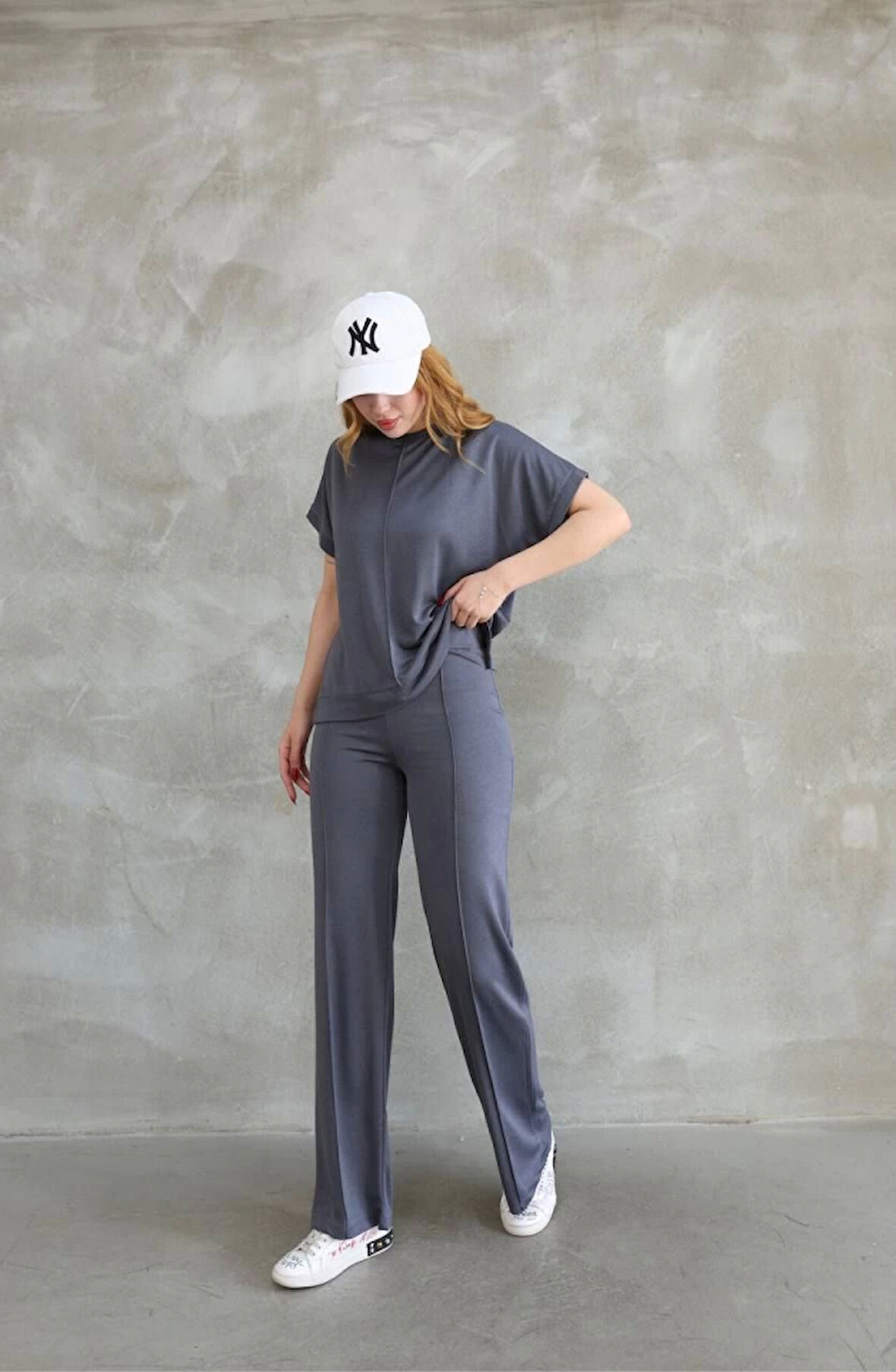 Osy Modal Yumuşak Dokulu Kumaş Bisiklet Yaka Kısa Kollu Takım - Füme