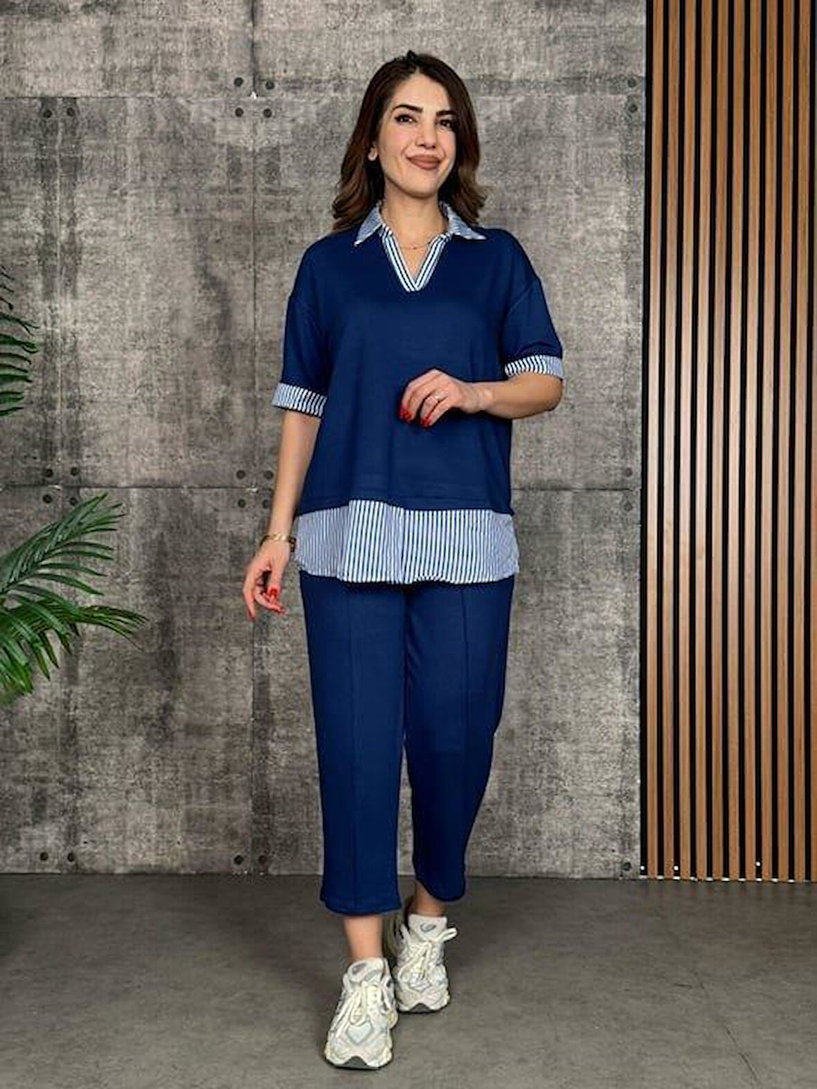 Kadın Modal Kumaş çizgili Gömlek Yaka Ikili Takım