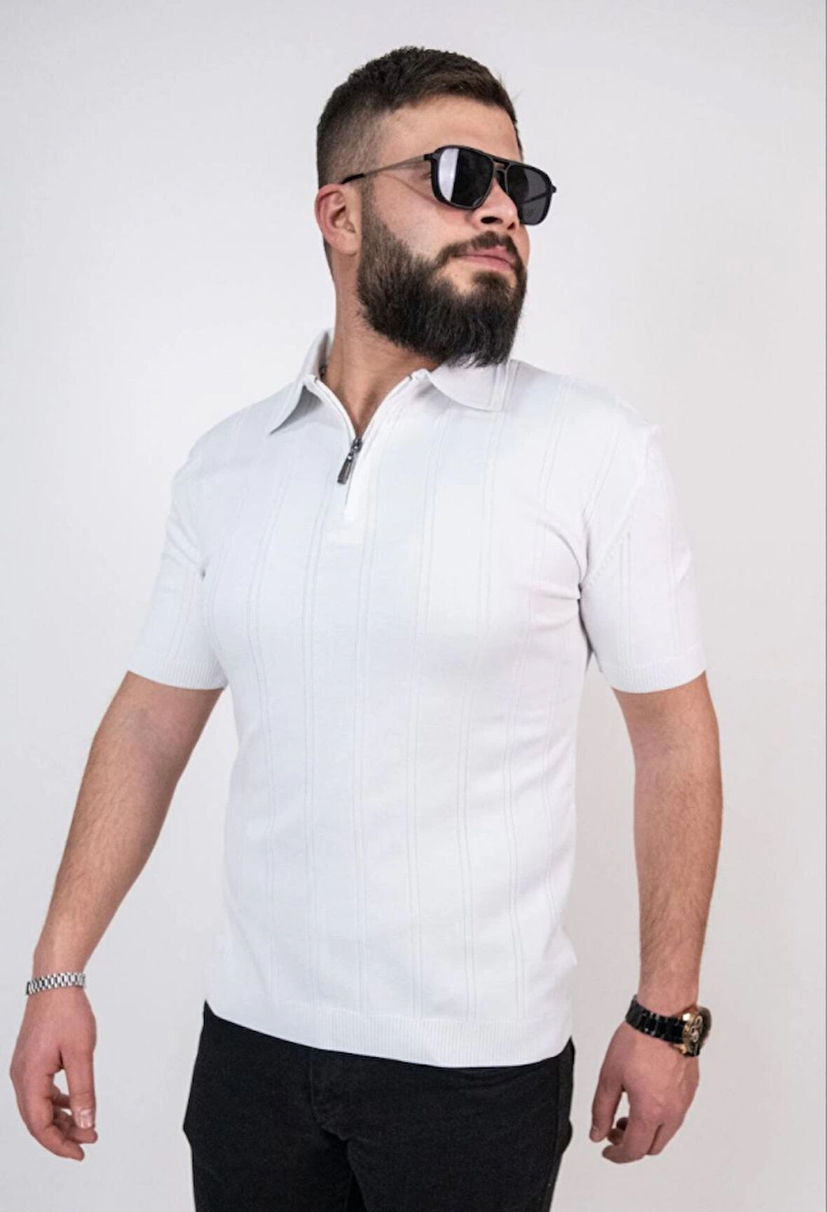 Triko Dokuma Yarım Fermuarlı Yakalı T-shirt - Beyaz