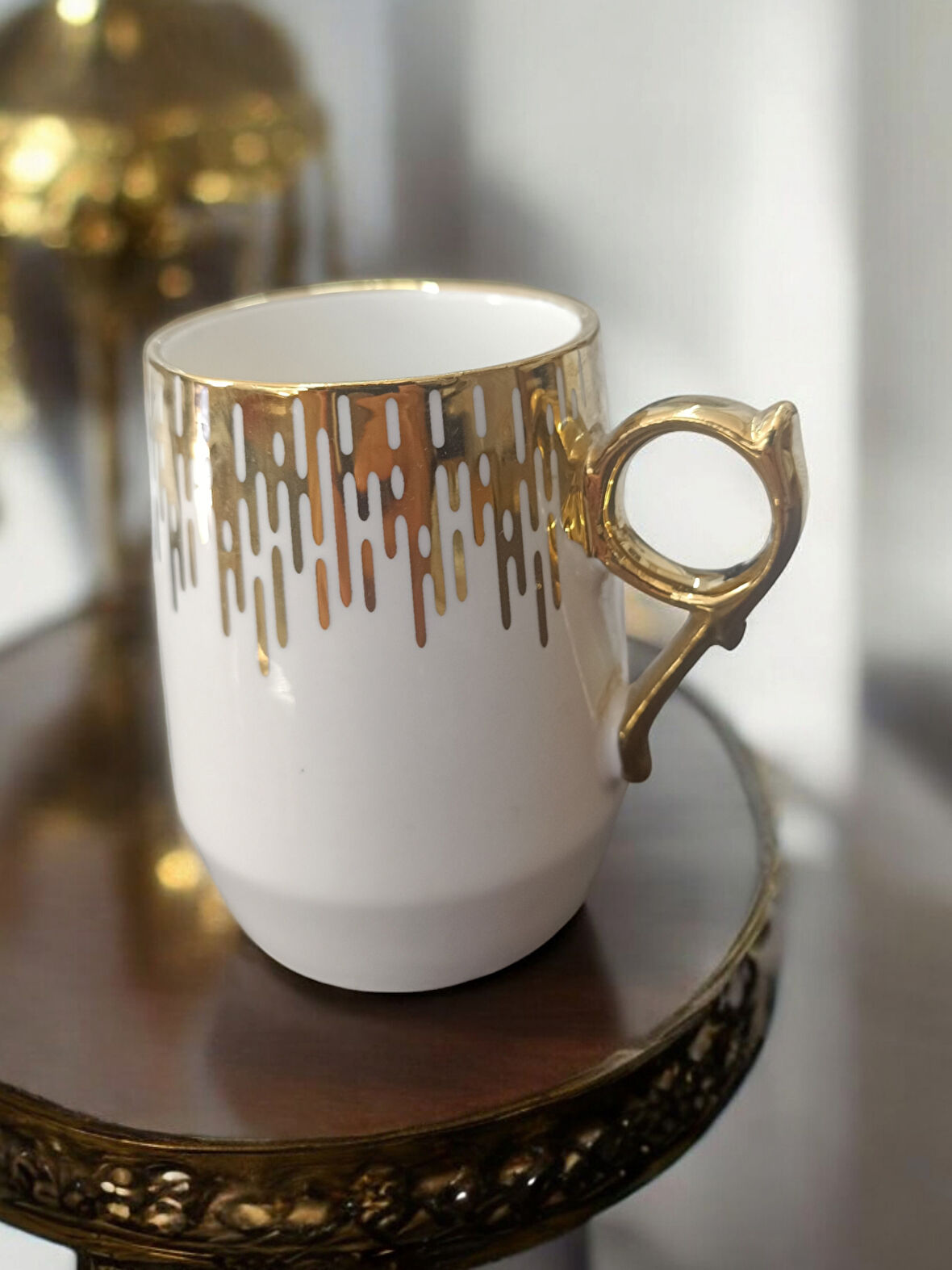 Acar Gold kulplu çizgili porselen kupa beyaz acr012155