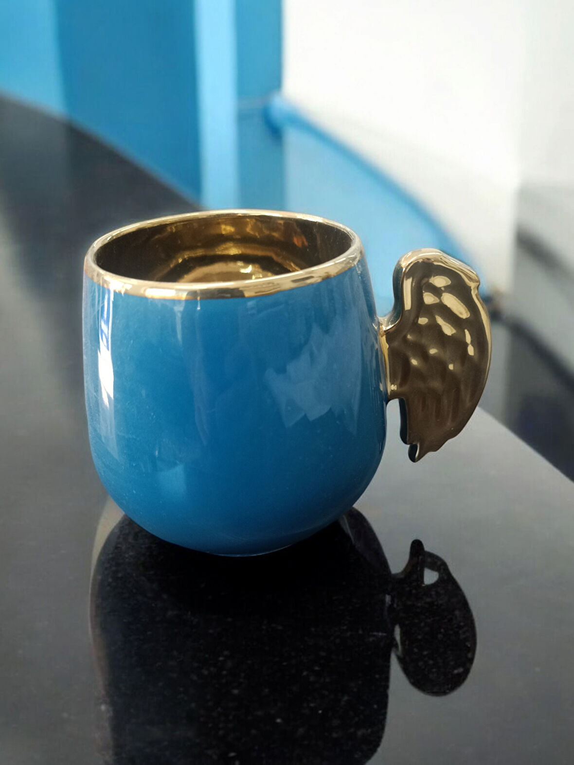 Acar porselen Gold kulplu kupa acr0102 turkuaz mavi 