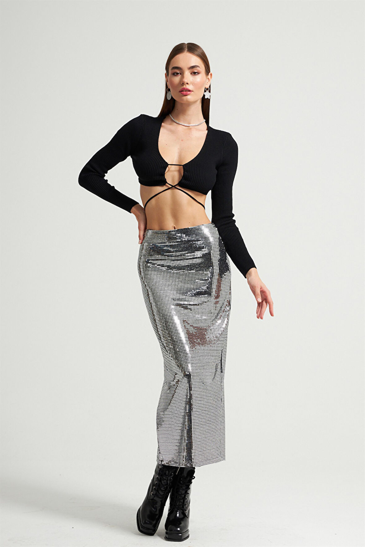 Nok Star Koleksiyonu Aynalı Etek SİYAHKAREGÜMÜŞ