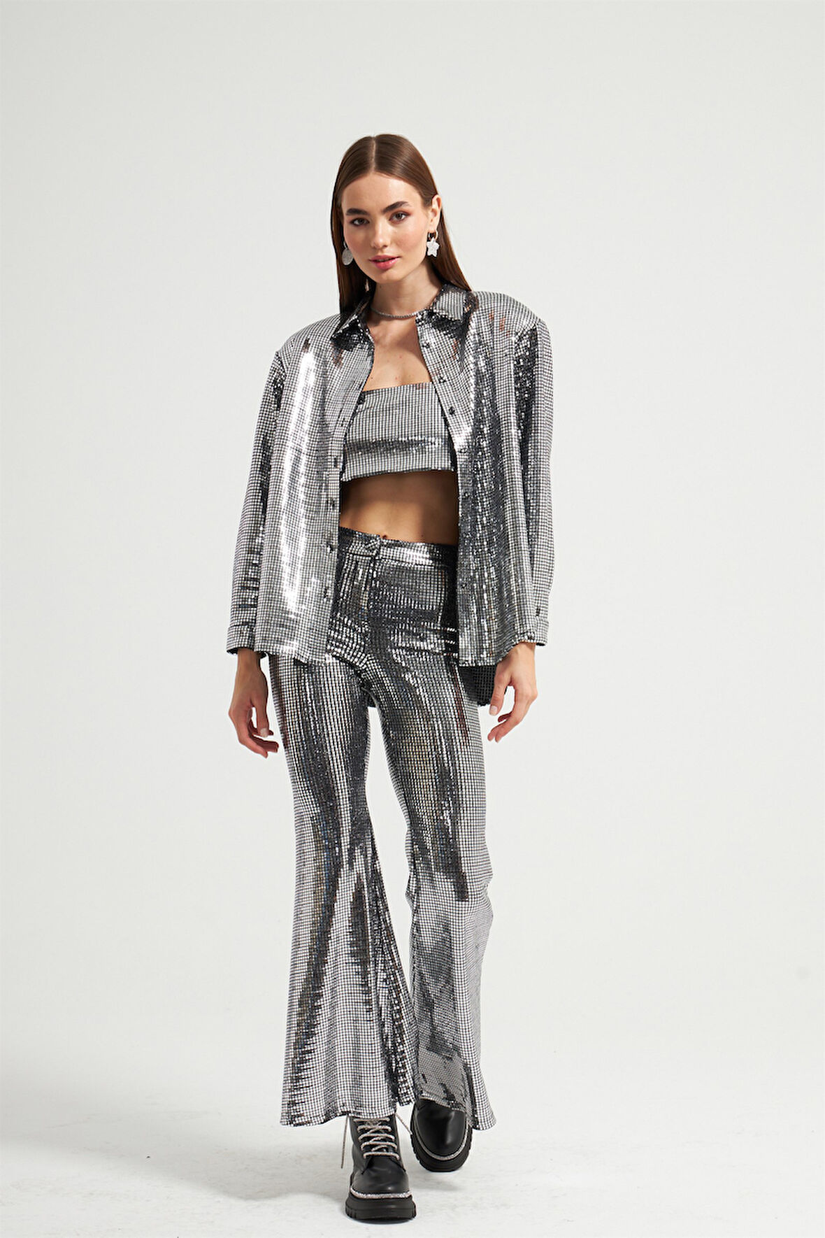 Nok Star Koleksiyonu Aynalı Pantolon Siyah Kare Gümüş