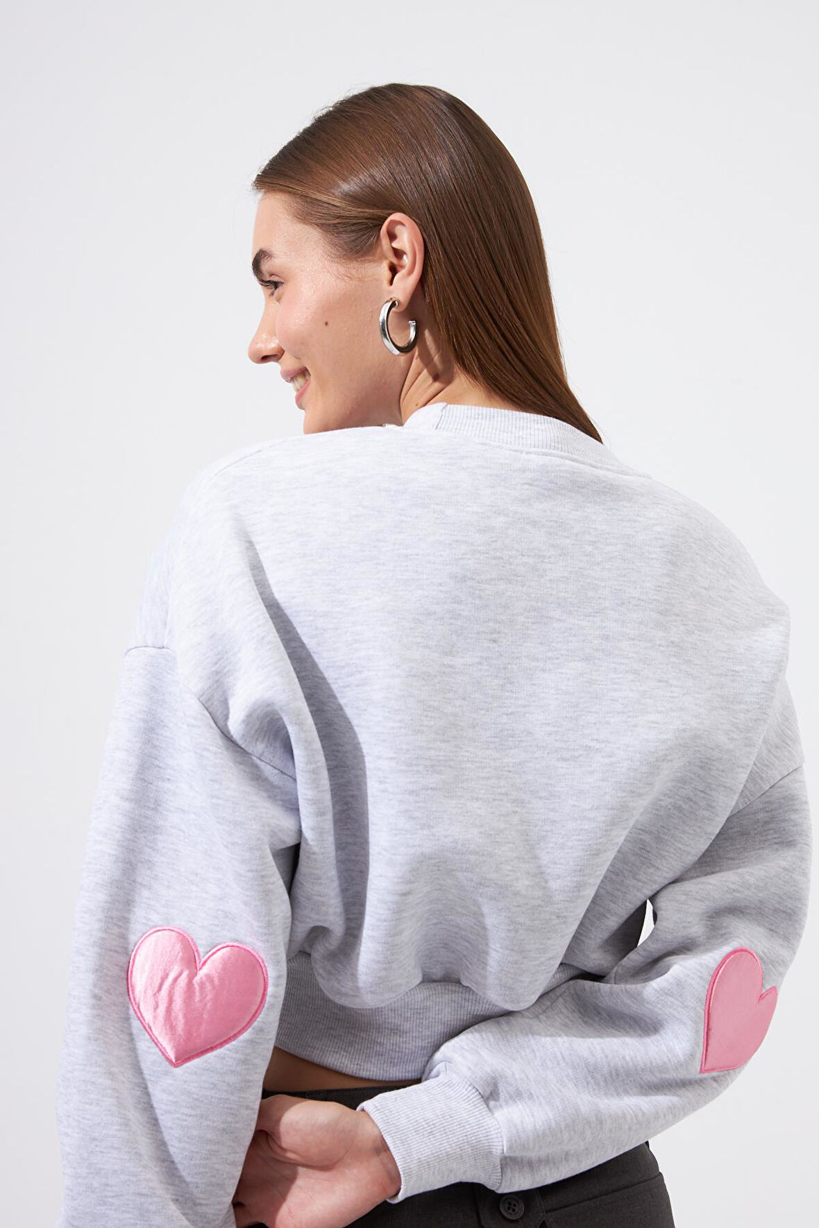 Nok Love Serisi Kalp Aplikeli Sweatshirt Gri