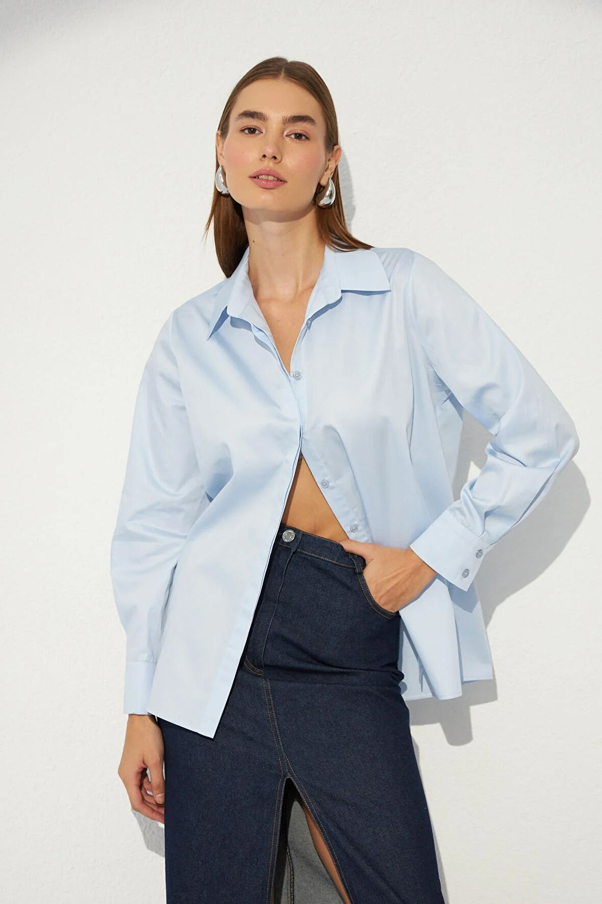 Nok Basic Serisi %100 Cotton Oversize Gömlek Açık Mavi
