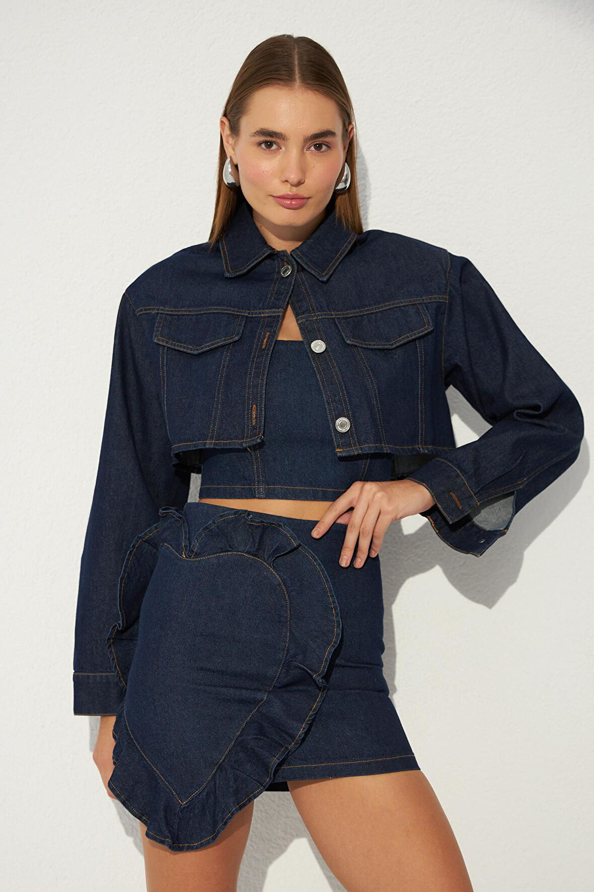 Nok Denim Serisi Cindy Crop Kot Ceket Mavi