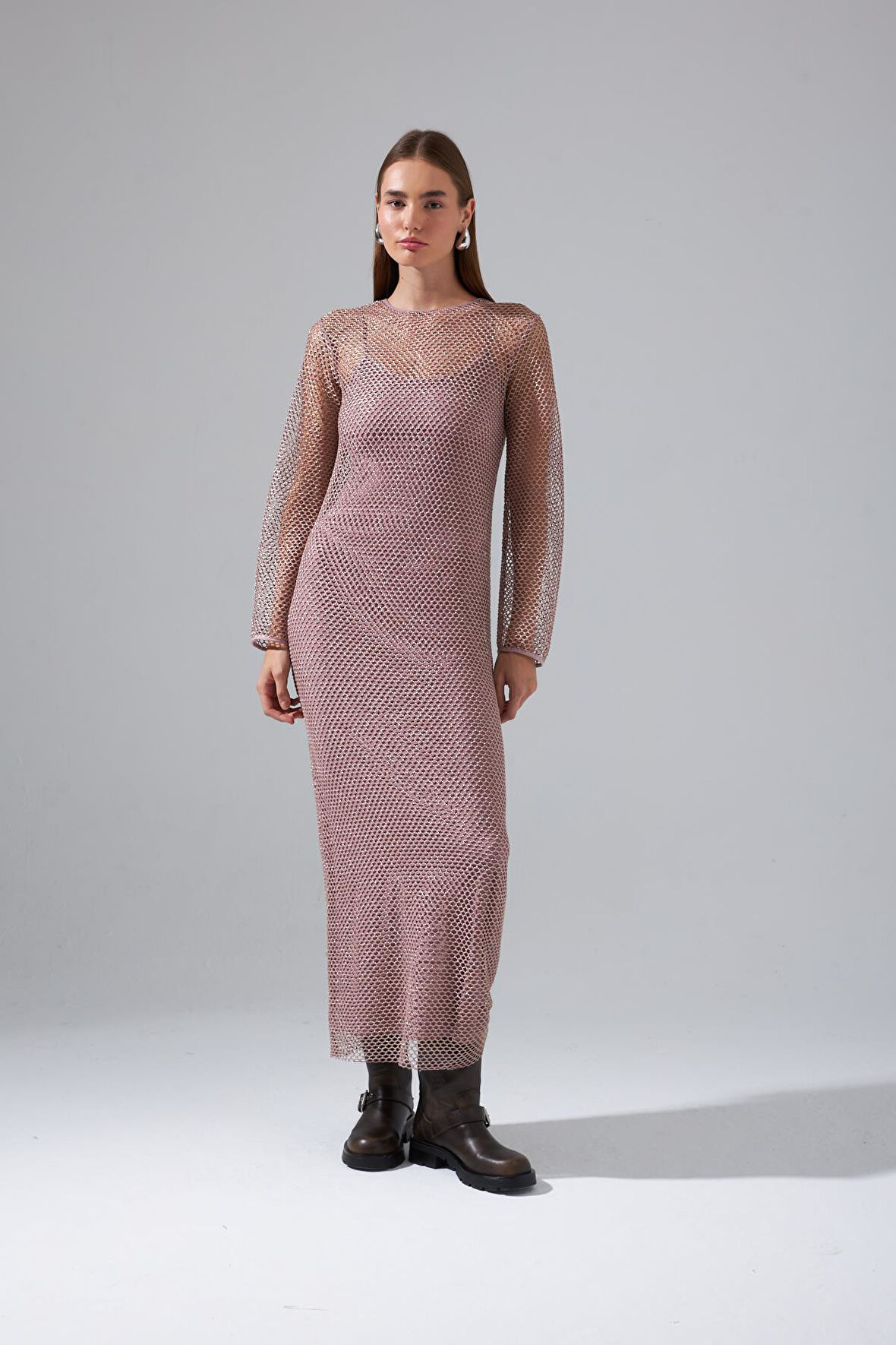 Nok Limited Edition Serisi Parıltılı İplikli Uzun File Triko Elbise Gül Kurusu