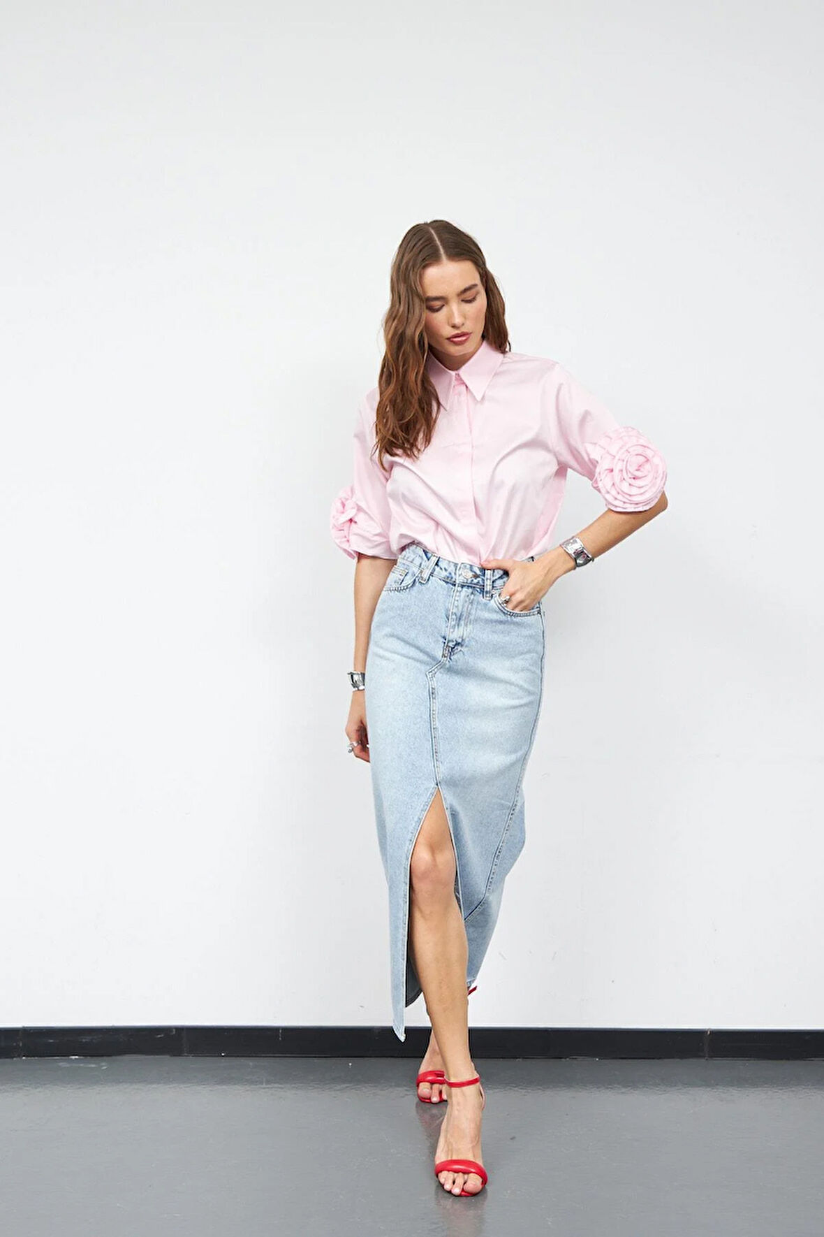 Cindy Yırtmaç Detaylı Maxi Boy Denim Etek LİGHT BLUE