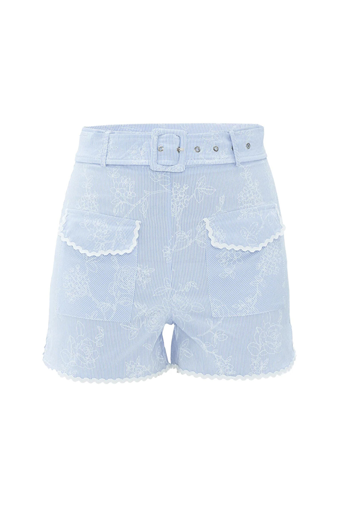 Floral Striped 100% Koton Çiçek Desenli Şort Mavi