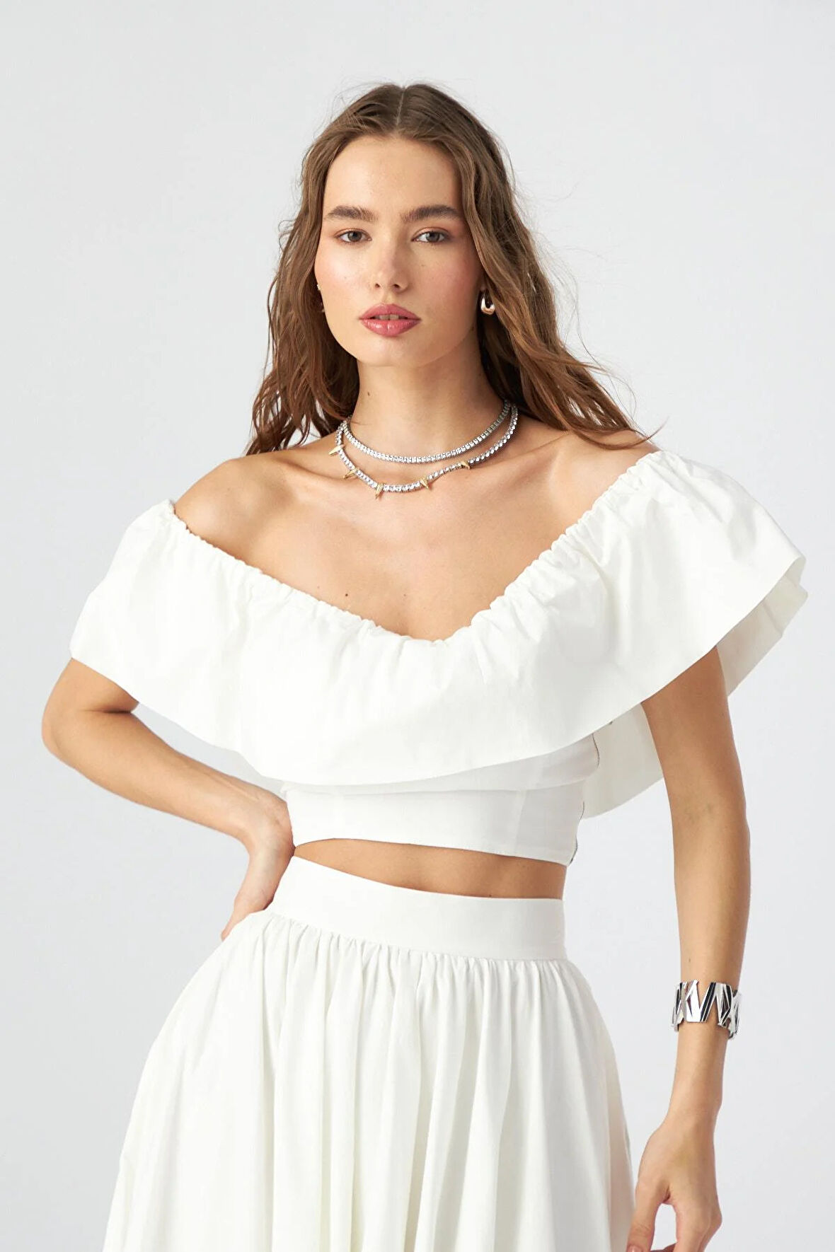 Jolie Ruffle Crop Bluz Beyaz