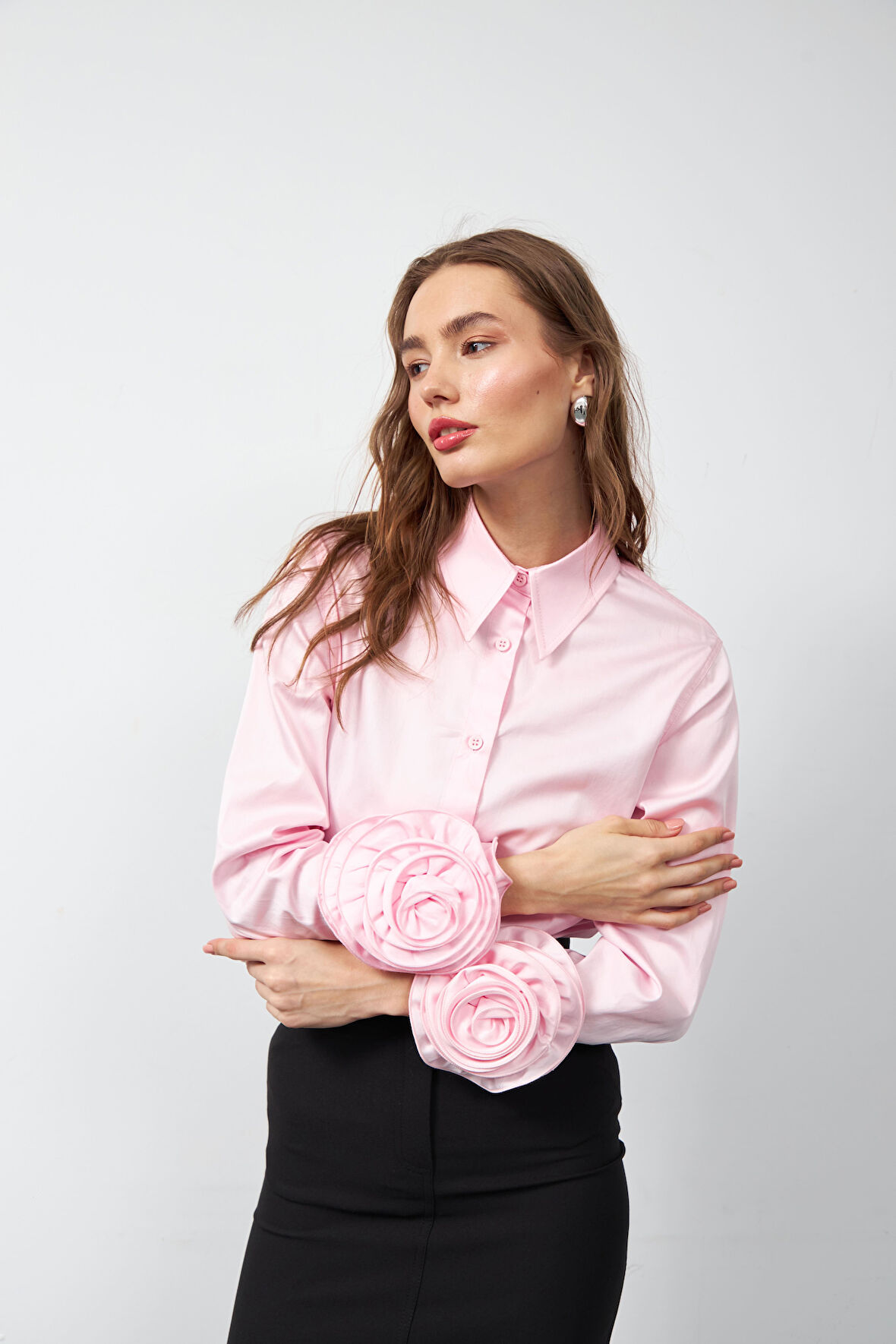 Floral Sleeves %100 Koton Uzun Kollu Gömlek Pembe