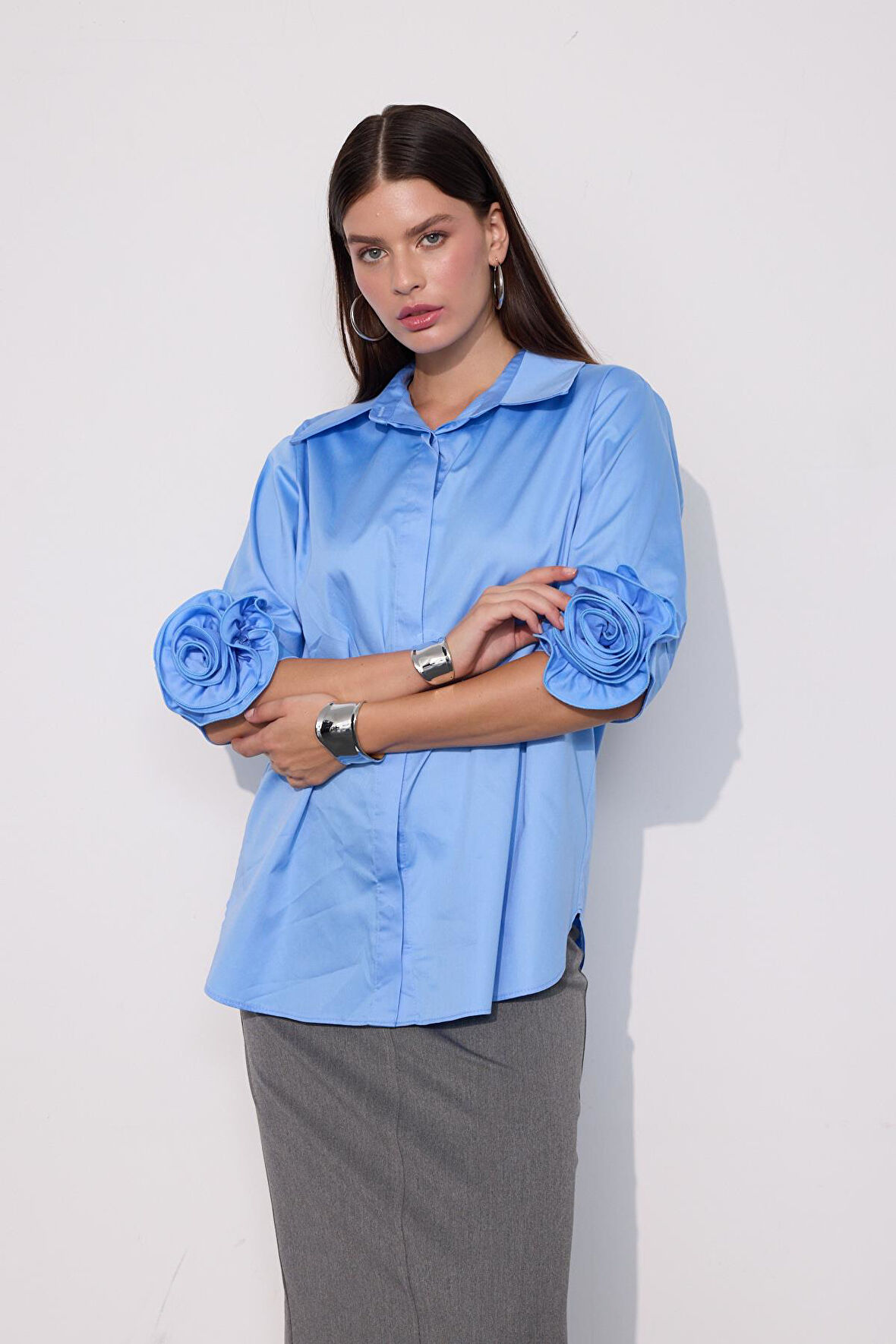 Floral Sleeves %100 Koton Kısa Kollu Gömlek Koyu Mavi