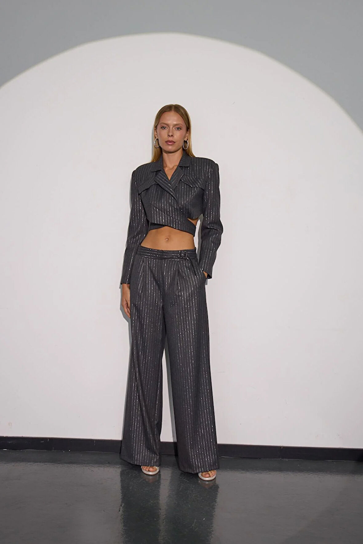 City Glam Bel Detaylı Sim Çizgili Kumaş Pantolon ANTRASİT-GÜMÜŞ