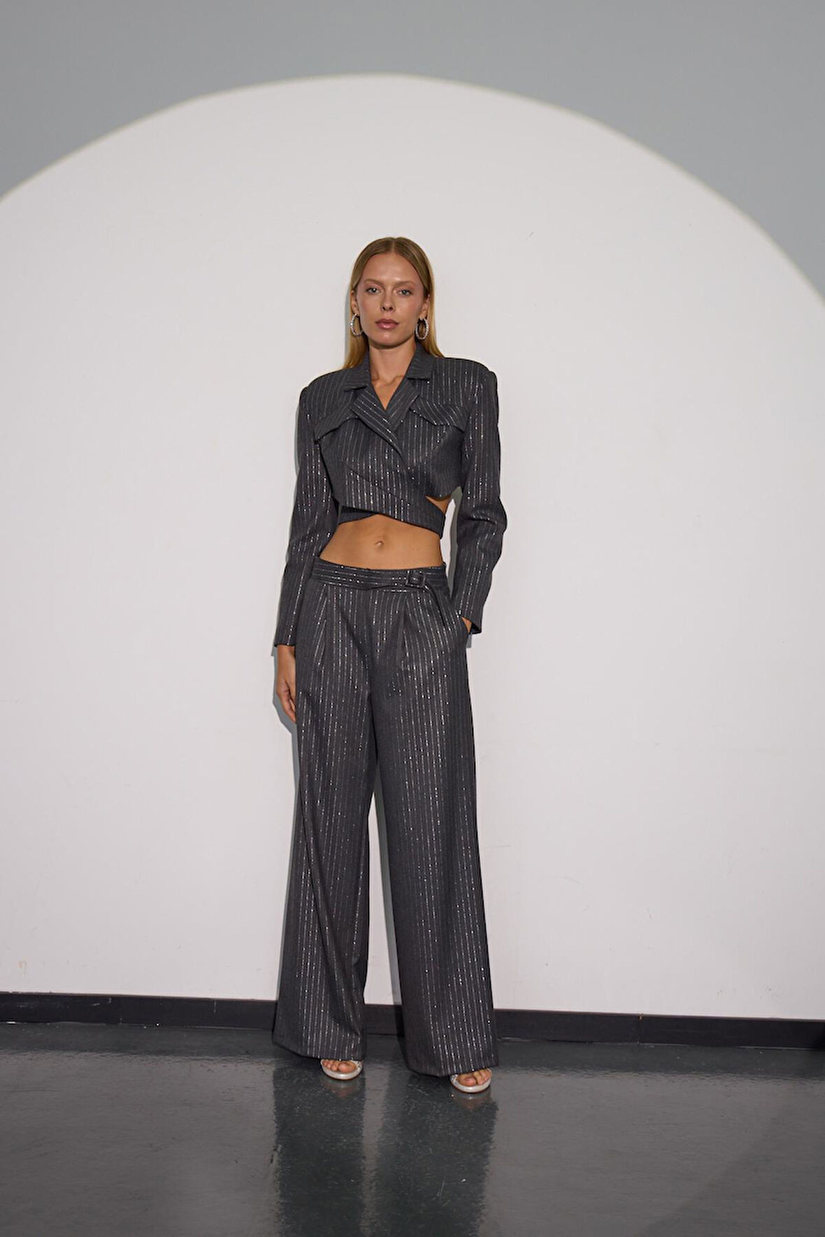 City Glam Bel Detaylı Sim Çizgili Kumaş Pantolon ANTRASİT-GÜMÜŞ