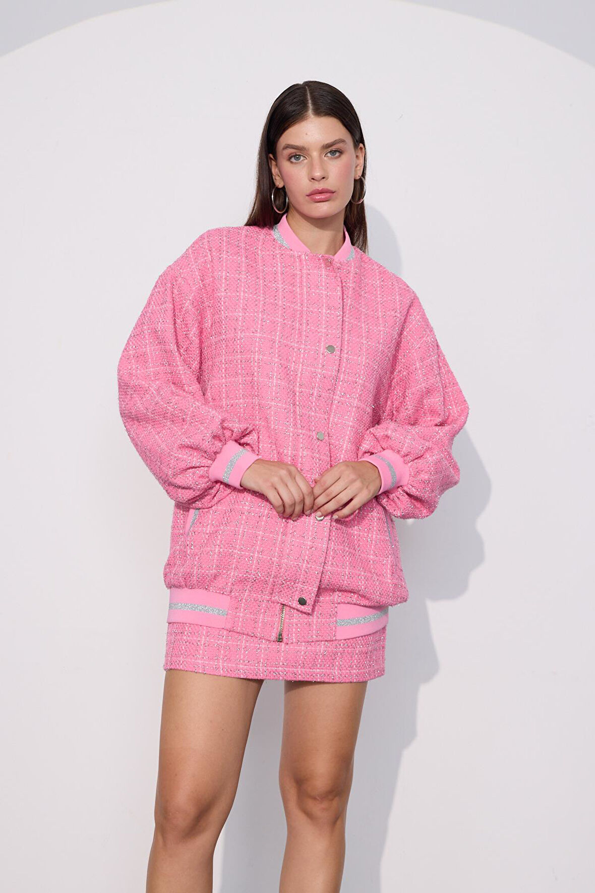 Tweed Royale Sim Detaylı Mini Etek Pembe