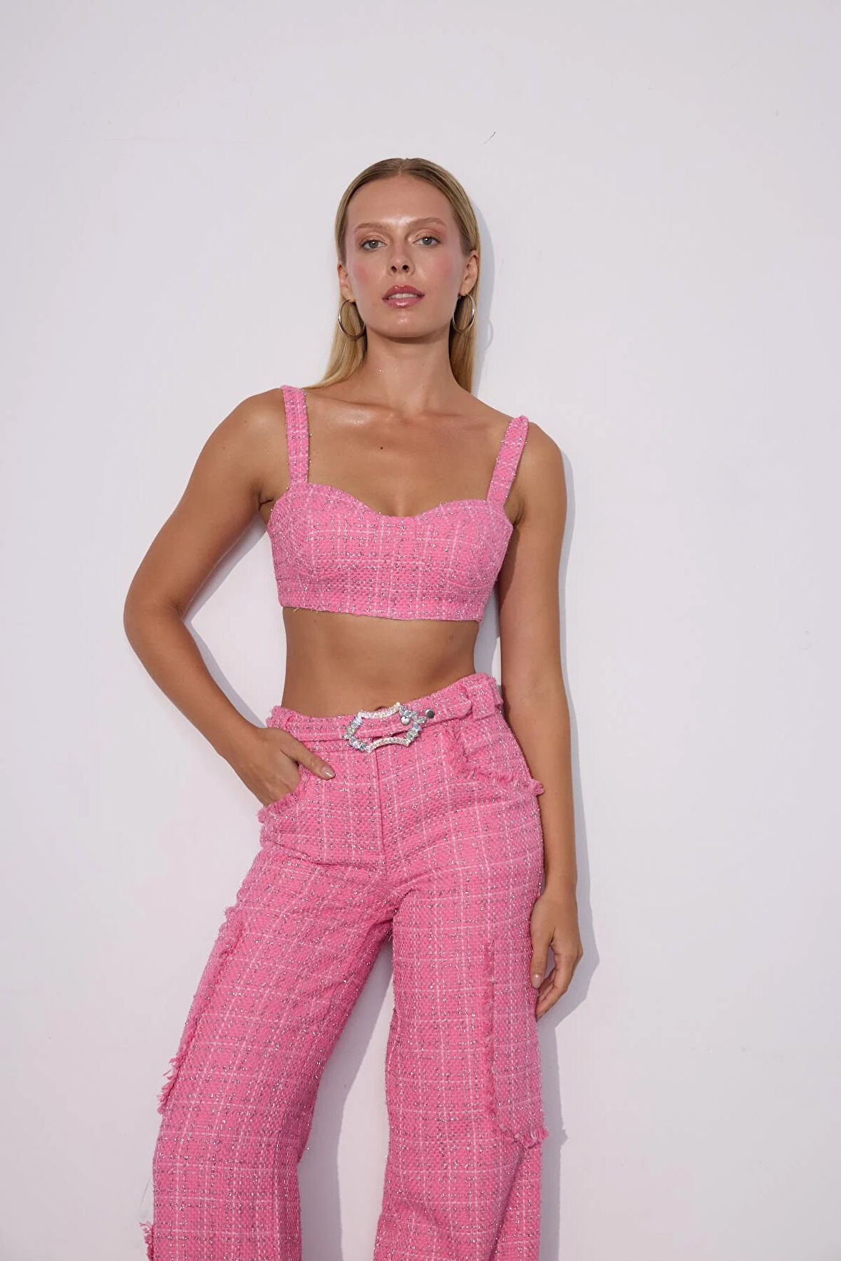 Tweed Royale Sim Detaylı Top Büstiyer Pembe