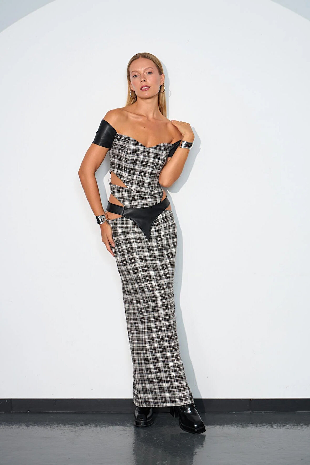 City Heart Deri Detaylı Maxi Boy Etek Siyah