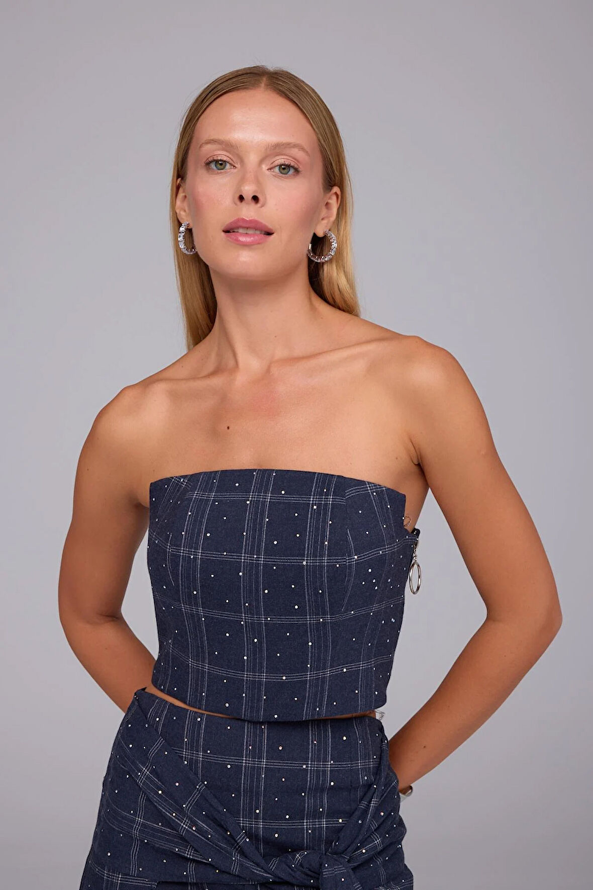 Super Crystal Plaid Ekoseli Crop Büstiyer İNDİGO