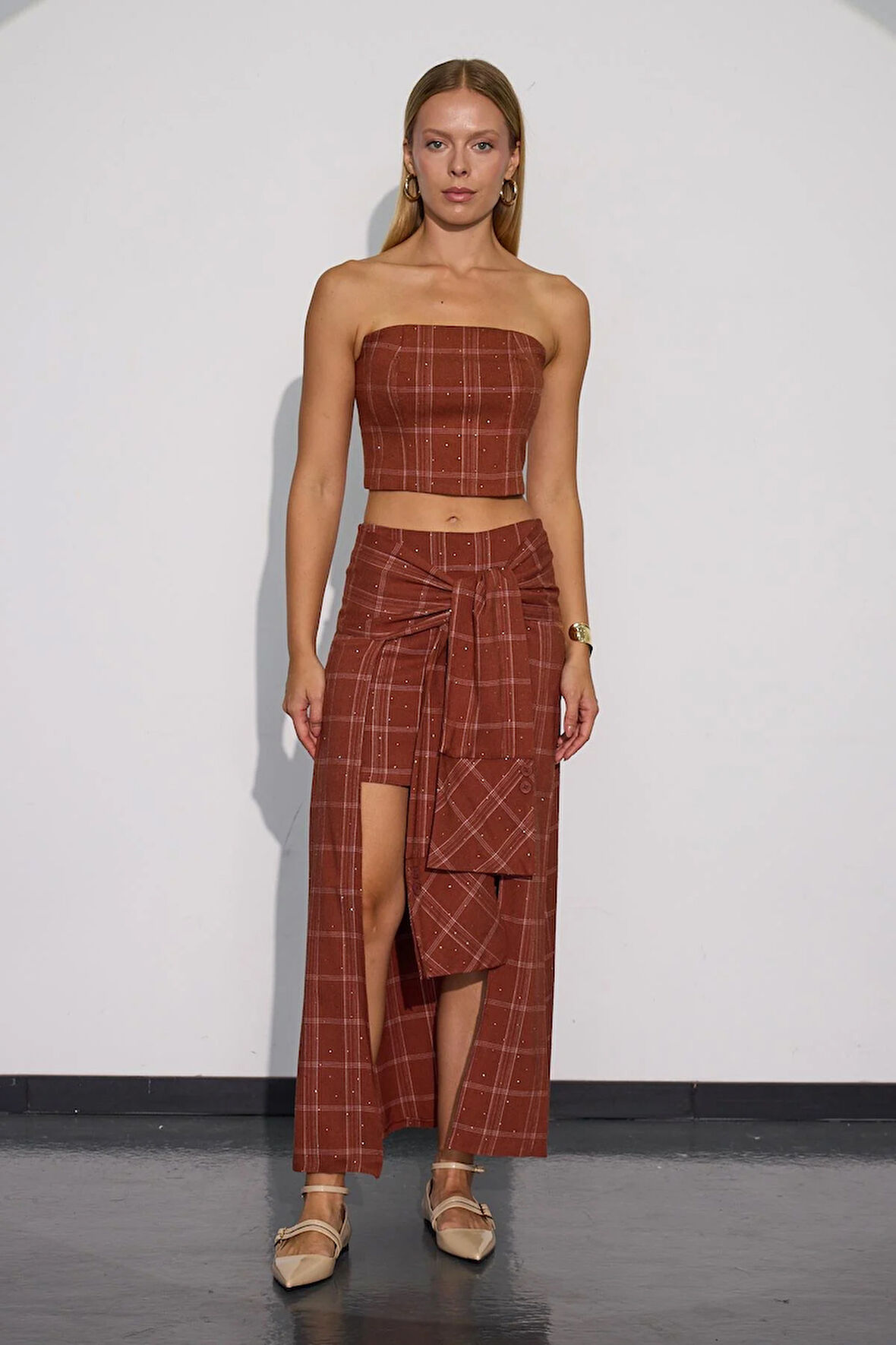 Crystal Plaid Gömlek Görünümlü Ekoseli Etek Camel