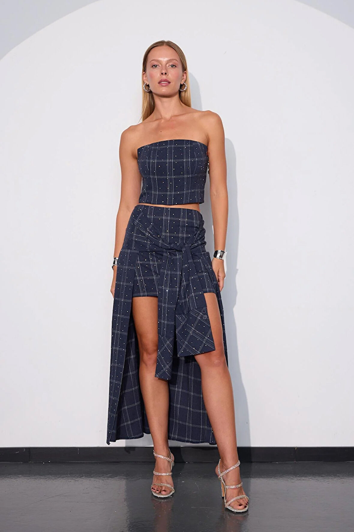 Crystal Plaid Gömlek Görünümlü Ekoseli Etek İNDİGO