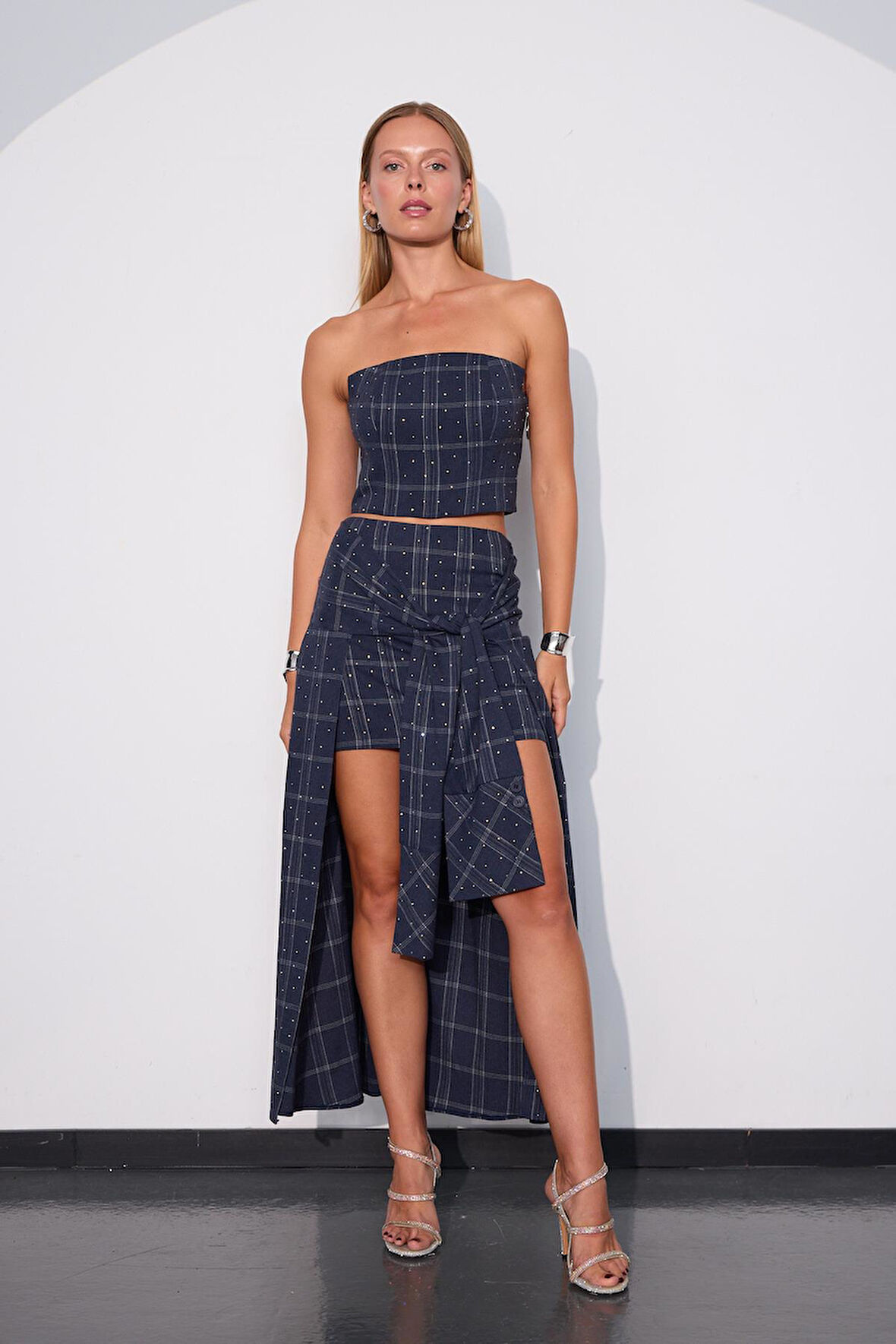 Crystal Plaid Gömlek Görünümlü Ekoseli Etek İNDİGO