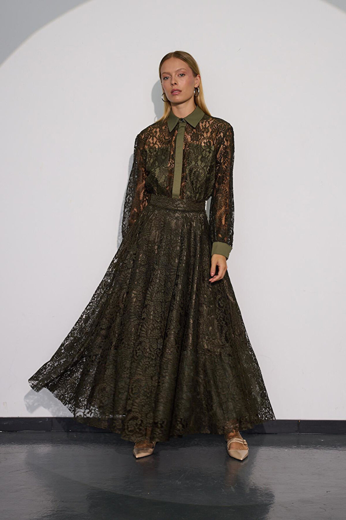 Lace Blossom Glow Maxi Boy Dantel Etek Haki