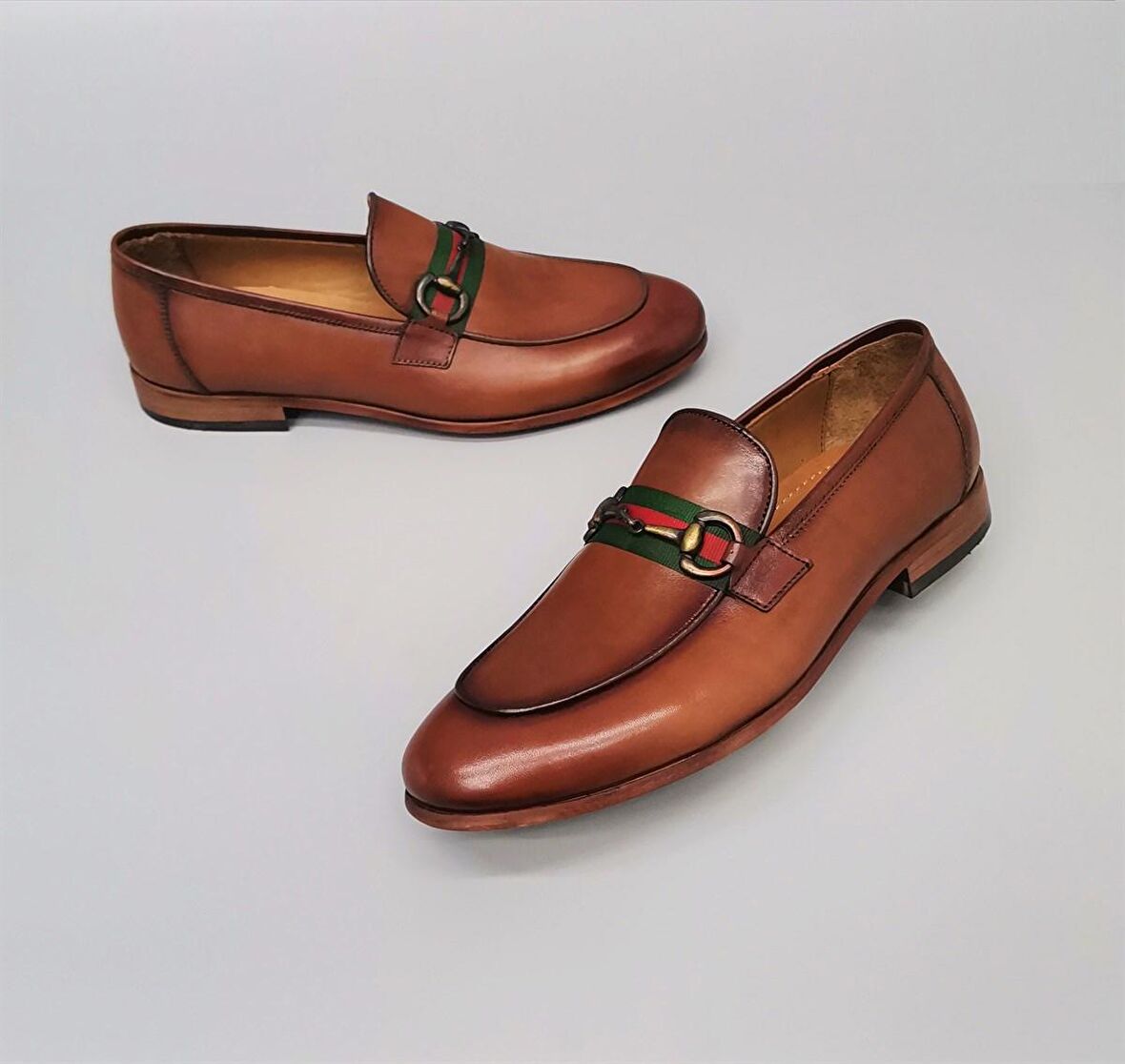 Erkek Hakiki Deri Tokalı Gucci Taba Klasik Ayakkabı 023-42088