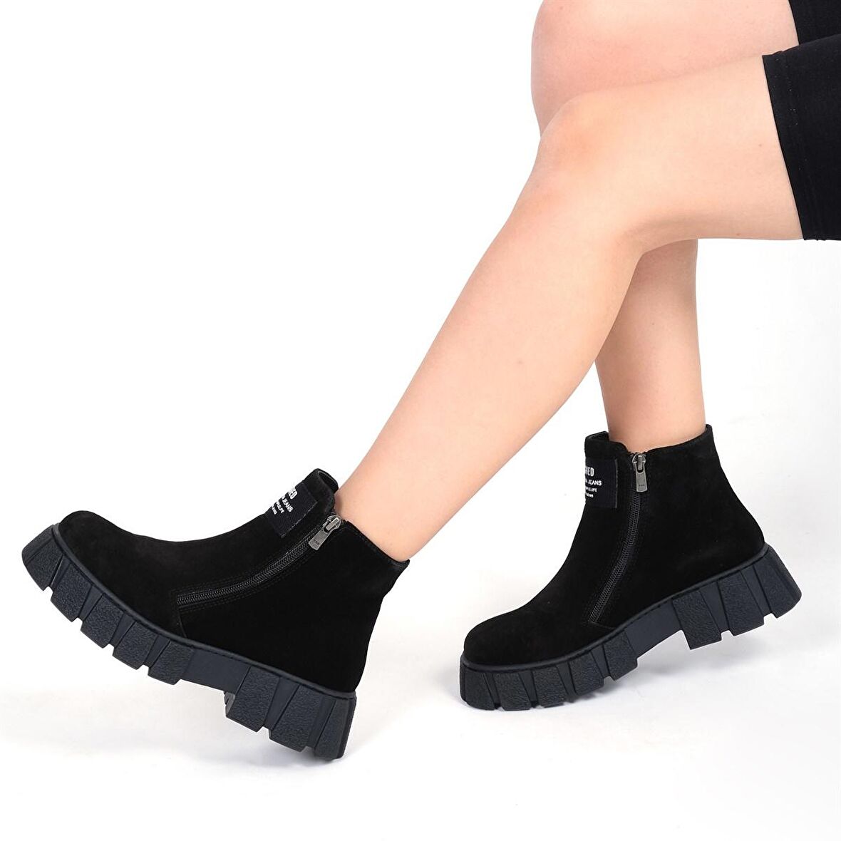 Hakiki Deri Çift Fermuarlı Balenciaga Taban Kadın Siyah Spor Bot 010-2625