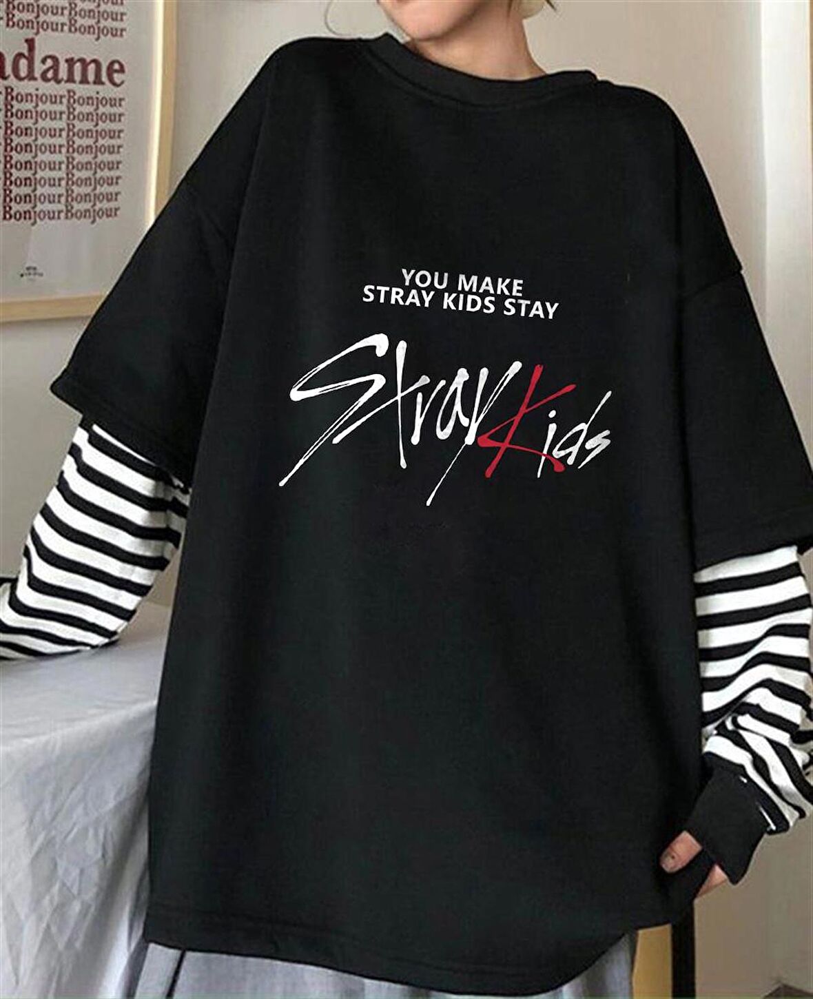 Stray Kids Baskılı Fake Sleeves Unisex Siyah T-shirt