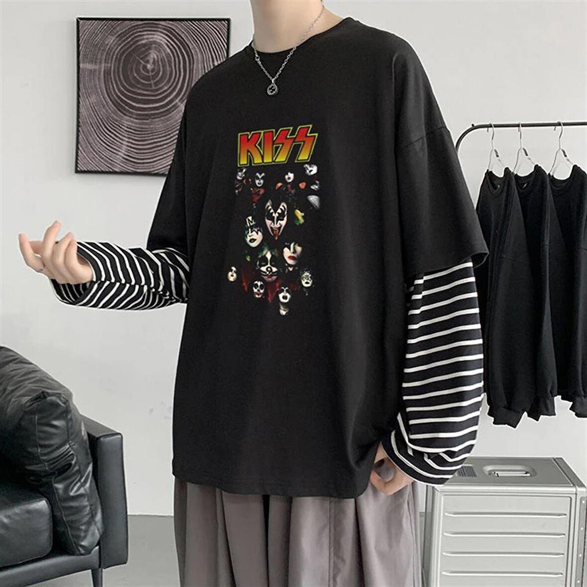 Kiss Rock Band Baskılı Fake Sleeves Unisex Siyah T-shirt