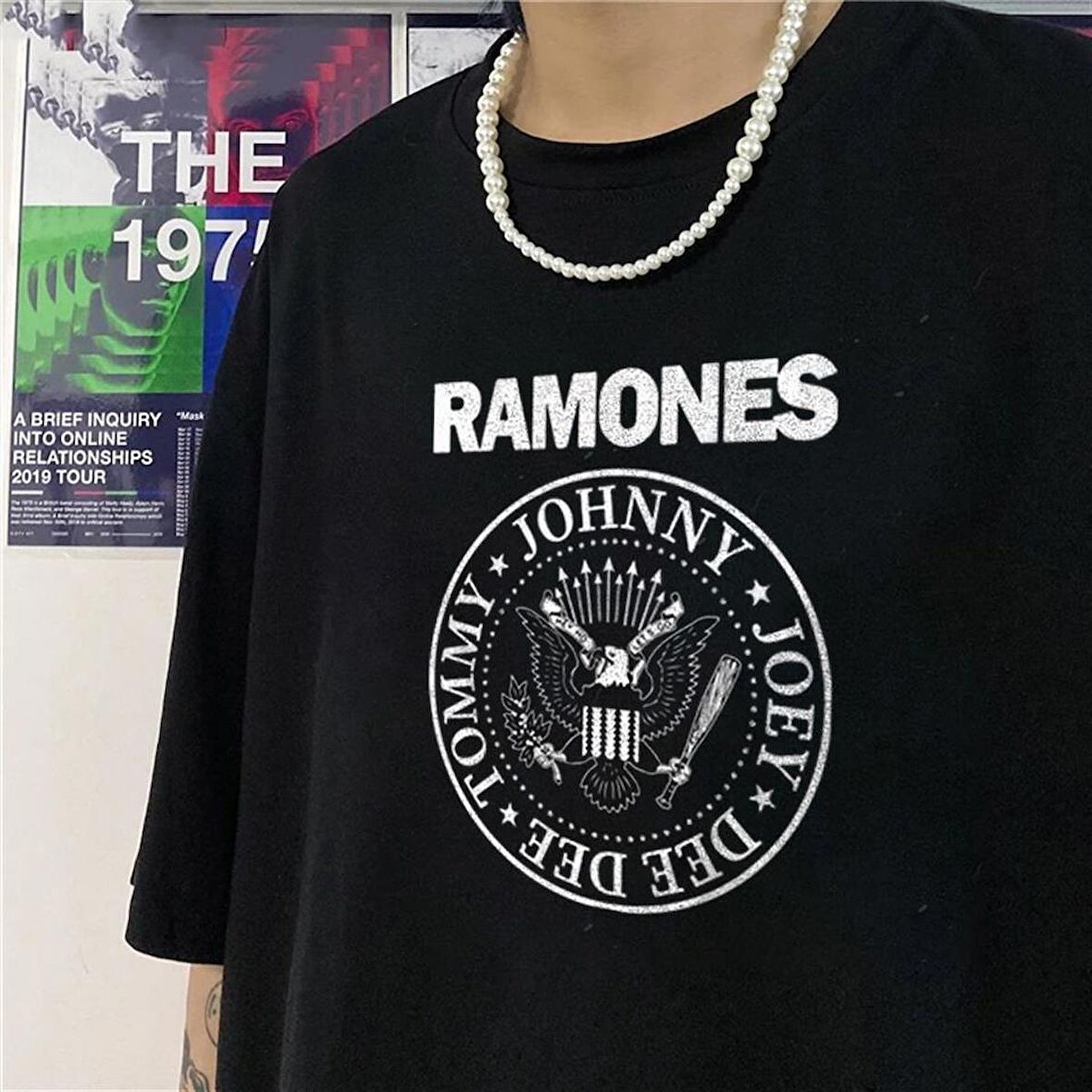 Rock Serisi Ramones Logo Siyah Unisex Oversize T-shirt