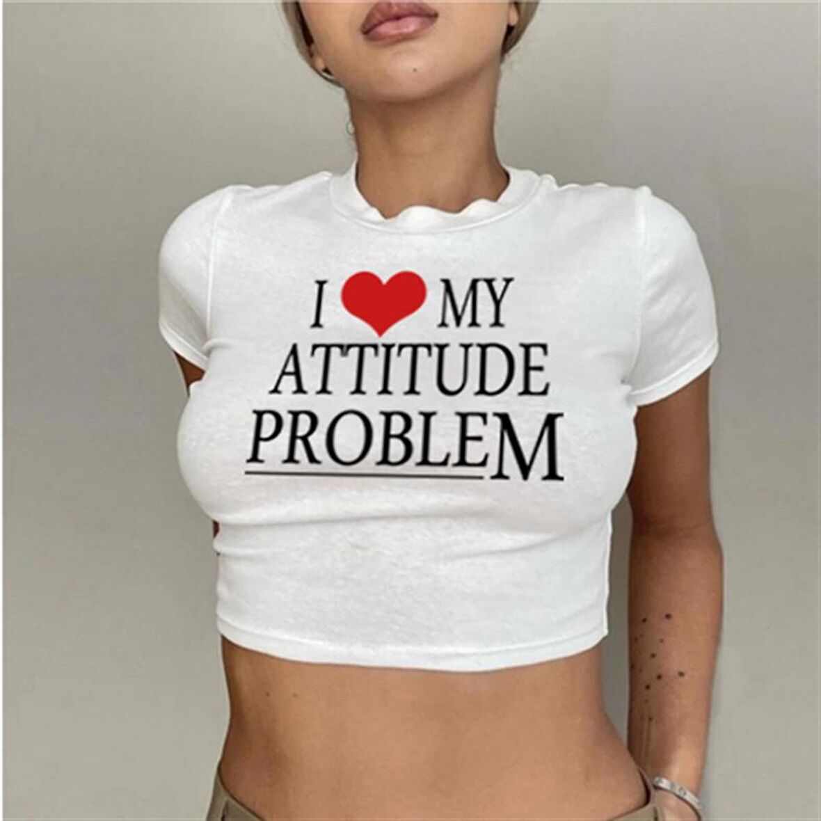 I Love My Attitude Baskılı Beyaz Crop
