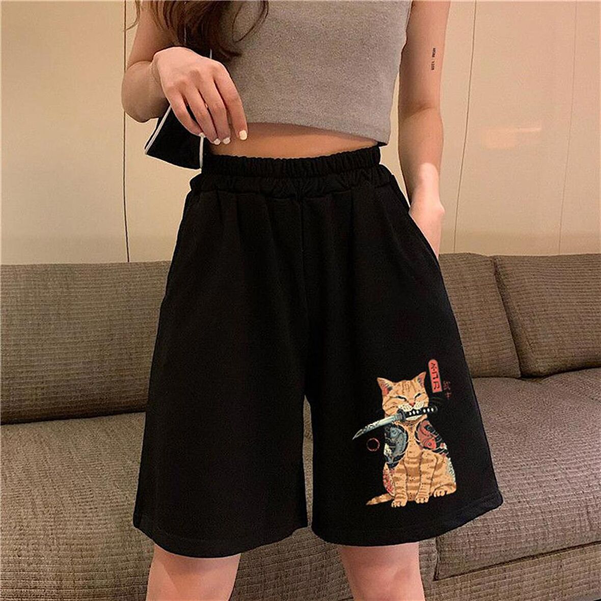 Killer Cat Baskılı Siyah Unisex Penye Şort