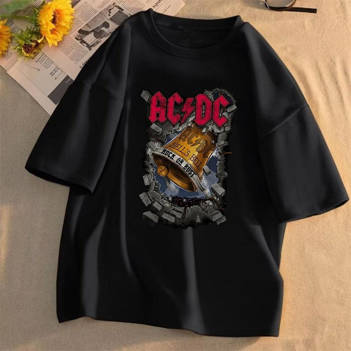 Rock Serisi AC/DC Baskılı Siyah Unisex Oversize T-shirt