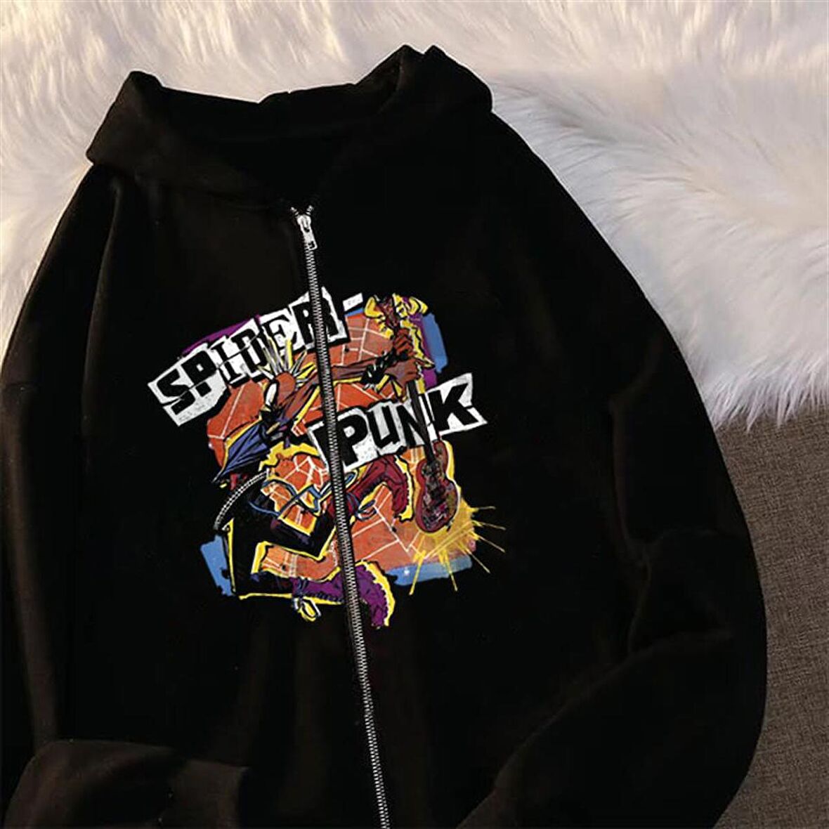 Spider Punk Baskılı Oversize Fermuarlı Siyah Unisex Kapüşonlu Hırka