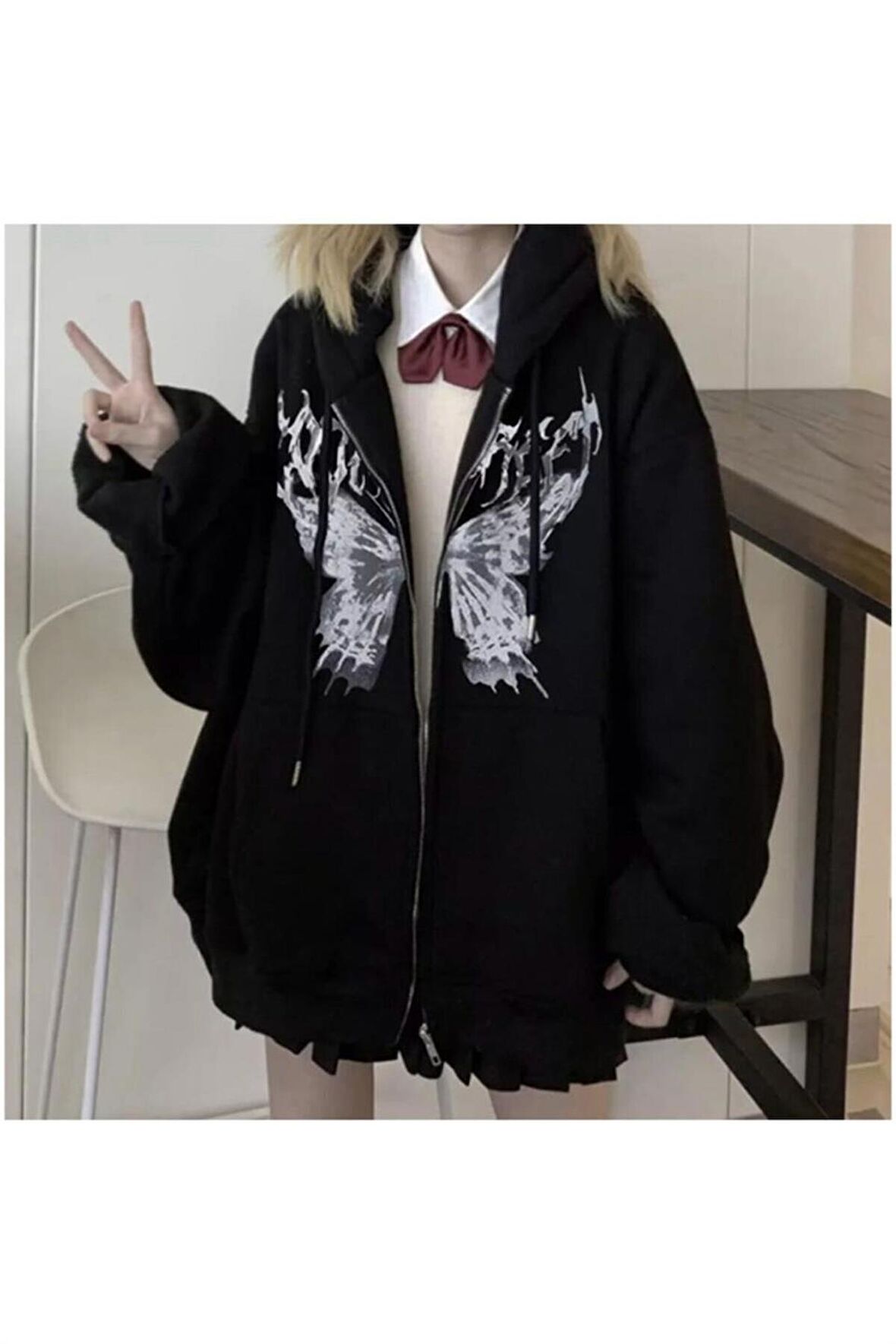 Harajuku Butterfly Kelebek Baskılı Oversize Fermuarlı Siyah Unisex Kapüşonlu Hırka