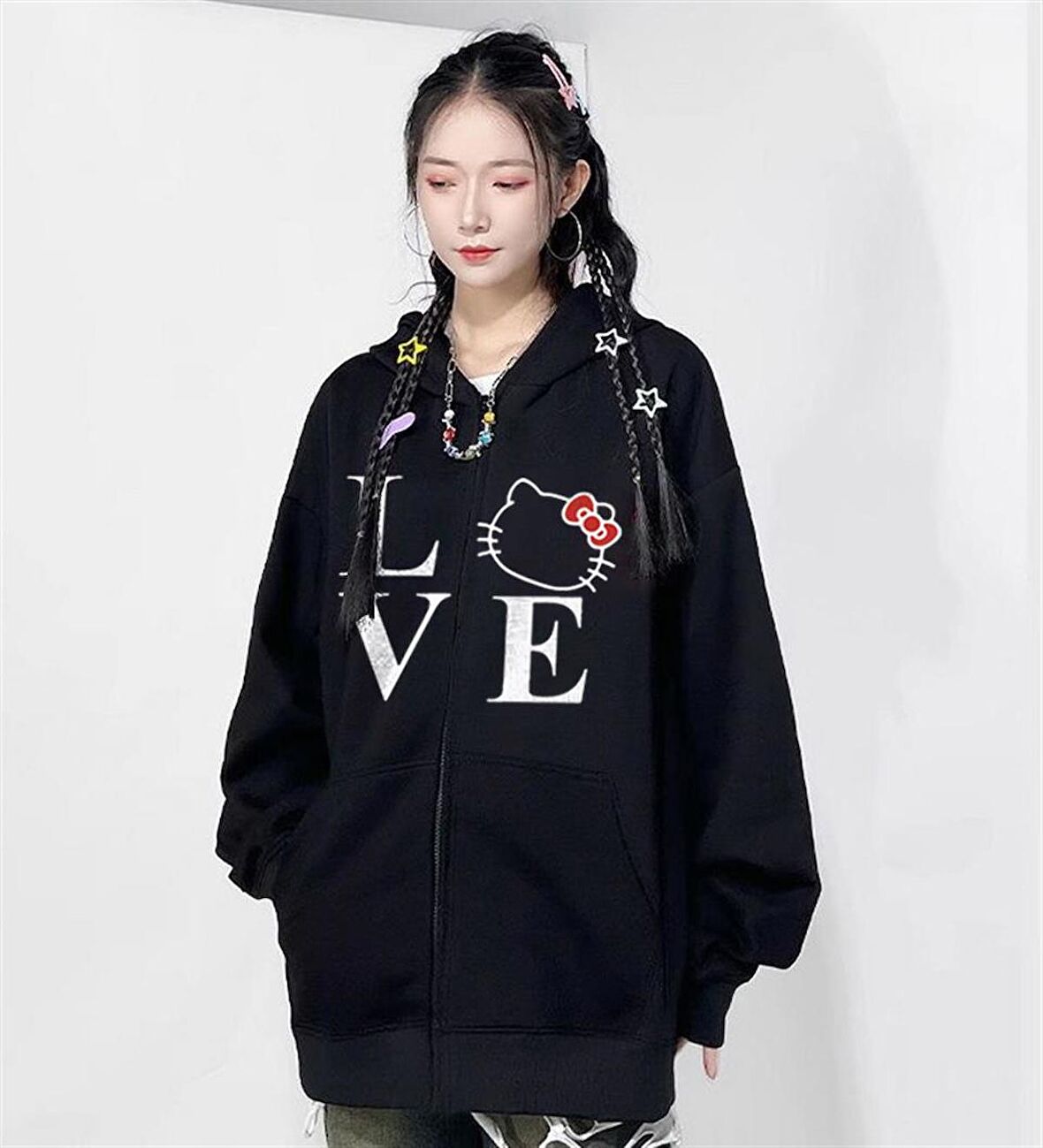 Love Cat Baskılı Oversize Fermuarlı Siyah Unisex Kapüşonlu Hırka