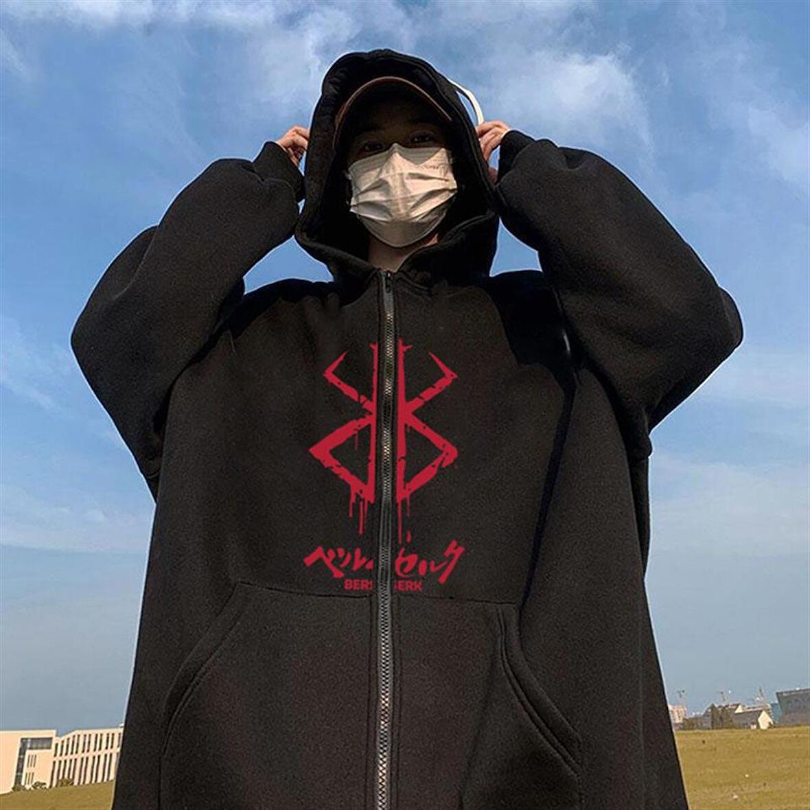 Berserk Logo Baskılı Oversize Fermuarlı Siyah Unisex Kapüşonlu Hırka