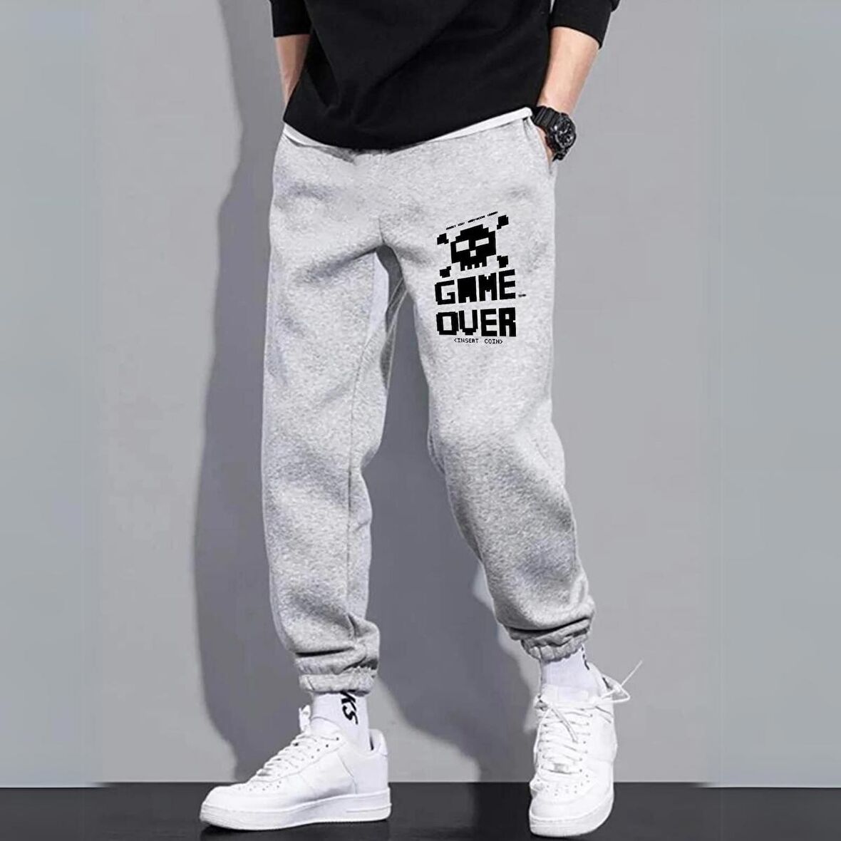 Game Over Baskılı Unisex Gri Eşofman Altı