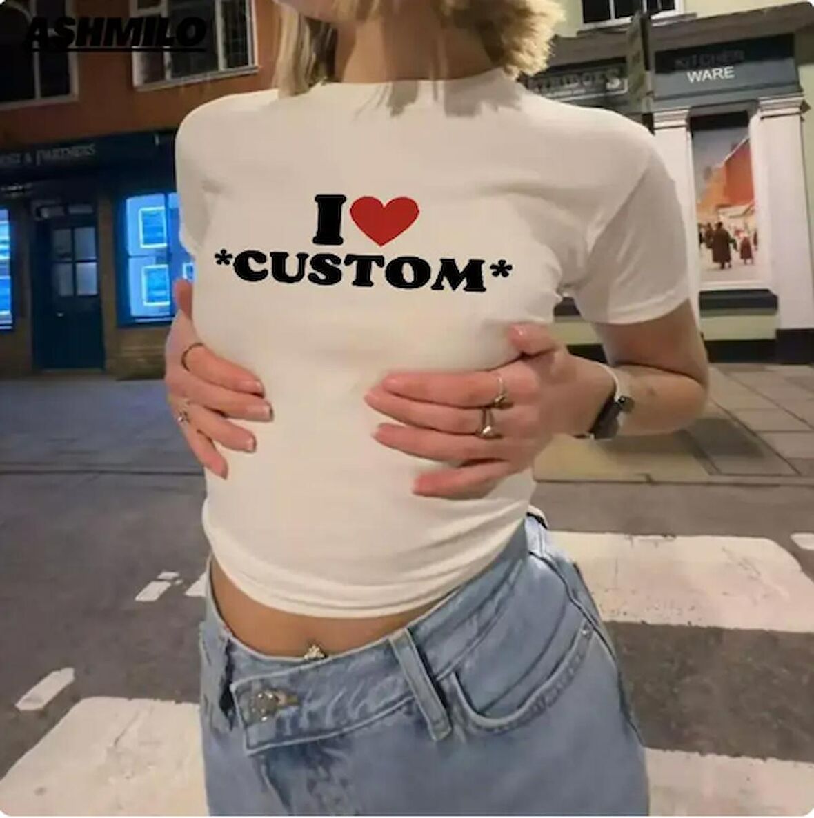 Y2k I Love Custom Baskılı Beyaz Crop 