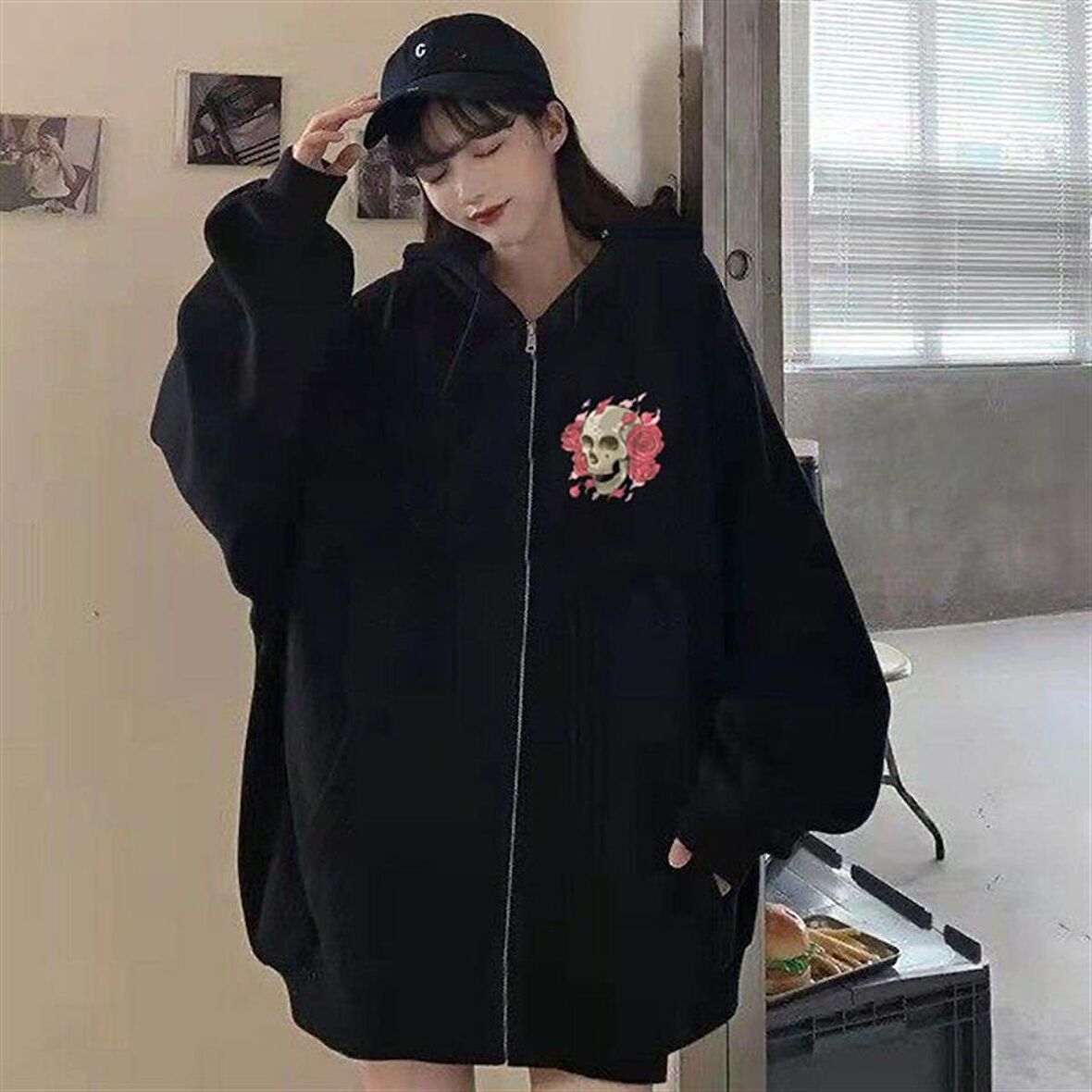 Skull & Flower Baskılı Oversize Fermuarlı Siyah Unisex Kapüşonlu Hırka