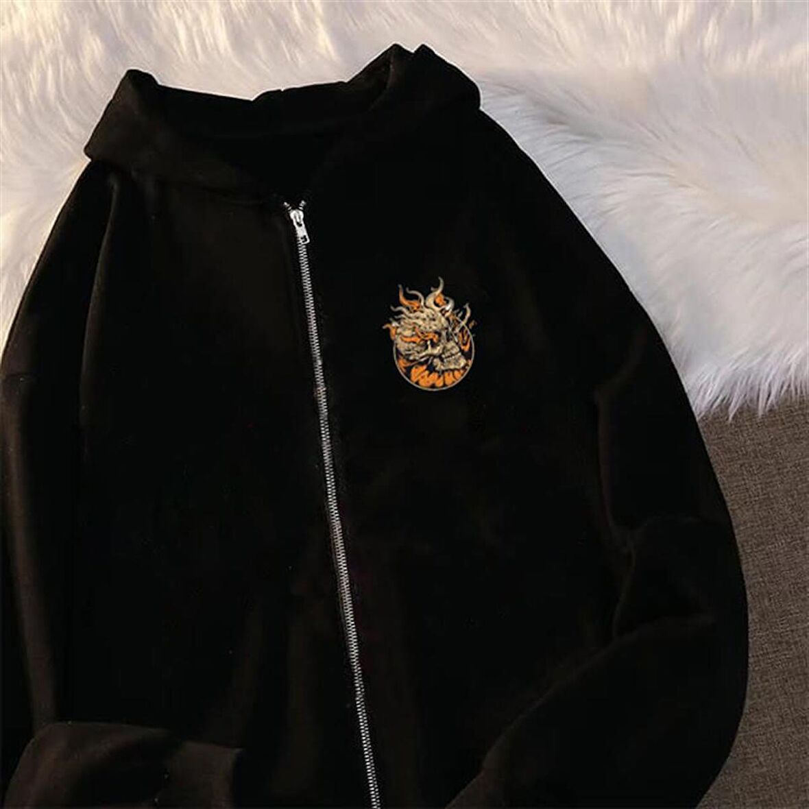 Skull Baskılı Oversize Fermuarlı Siyah Unisex Kapüşonlu Hırka