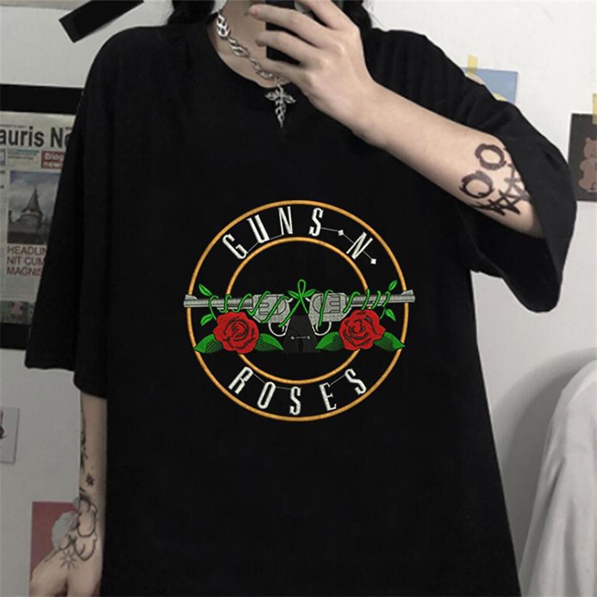 Guns N' Roses Baskılı Siyah Unisex Oversize T-shirt