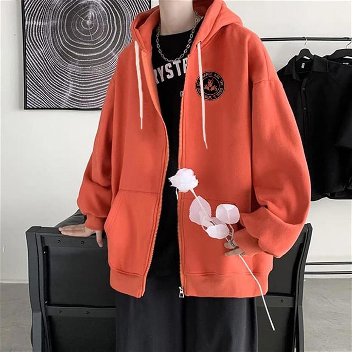 Skull Hands Baskılı Oversize Fermuarlı Turuncu Unisex Kapüşonlu Hırka